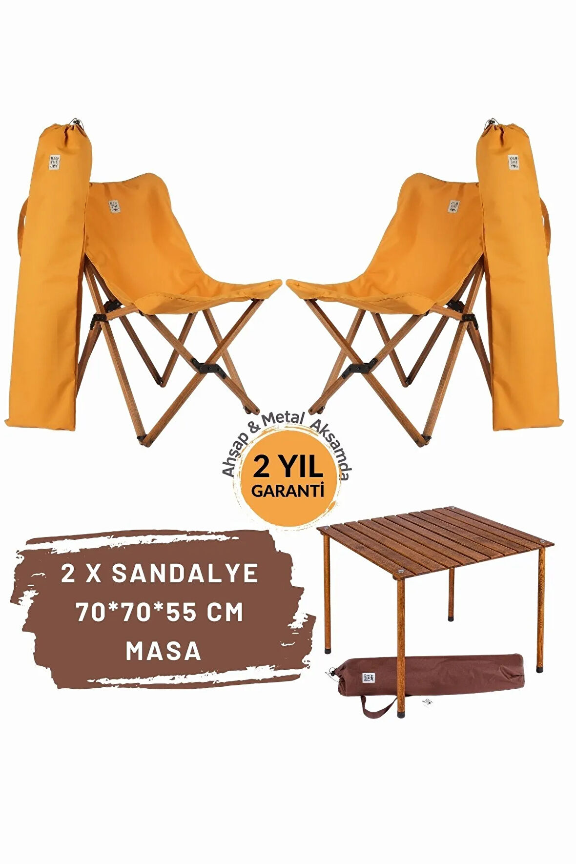 Bag The Joy Ahşap Katlanır Masa Sandalye Seti Kahverengi Iskelet Hardal Kılıf -70x70x55 Masa