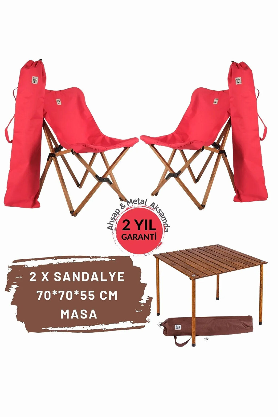 Bag The Joy Ahşap Katlanır Masa Sandalye Seti Kahverengi Iskelet Kırmızı Kılıf -70x70x55 Masa