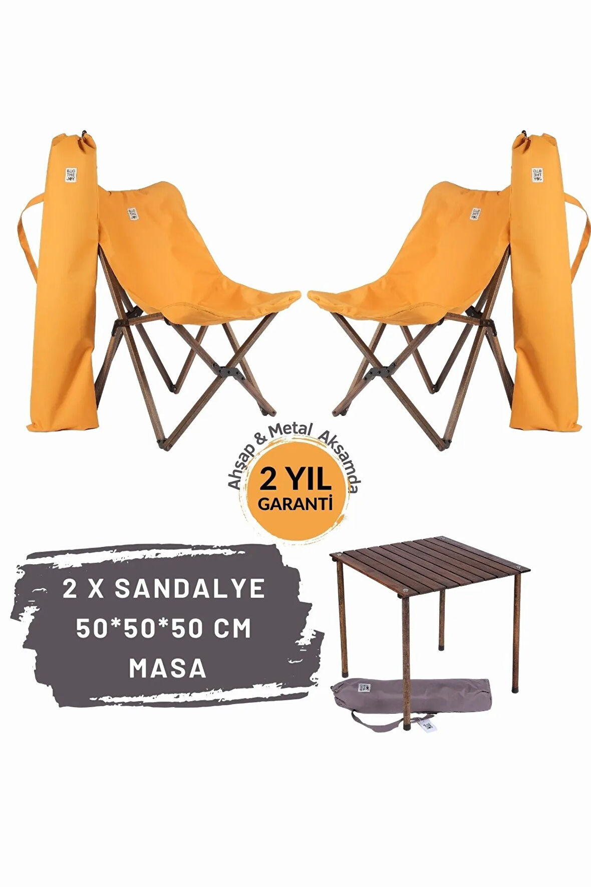 Bag The Joy Ahşap Katlanır Masa Sandalye Seti Antrasit Iskelet Hardal Kılıf -50x50x50 Masa