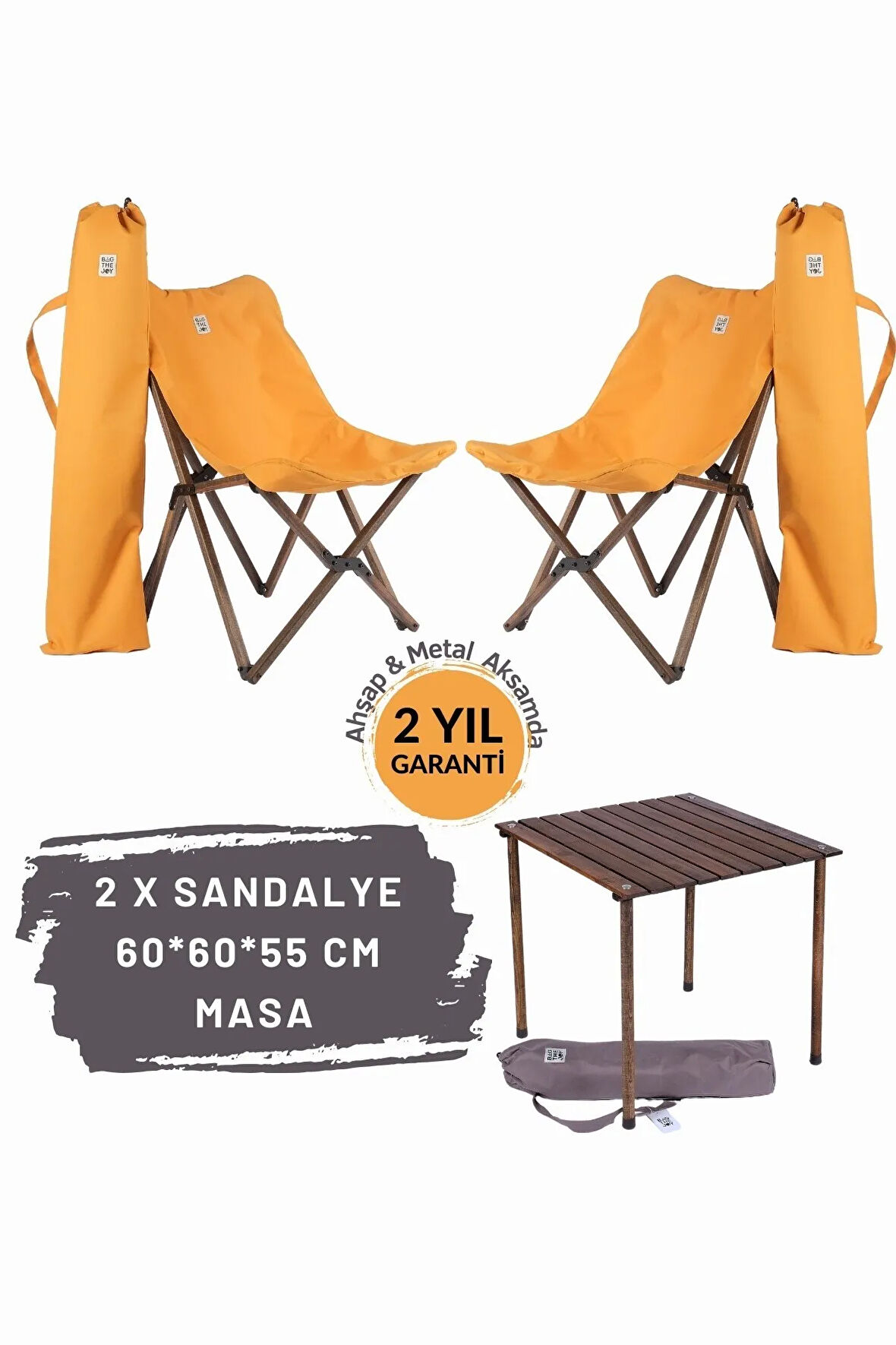 Bag The Joy Ahşap Katlanır Masa Sandalye Seti Antrasit Iskelet Hardal Kılıf -60x60x55 Masa