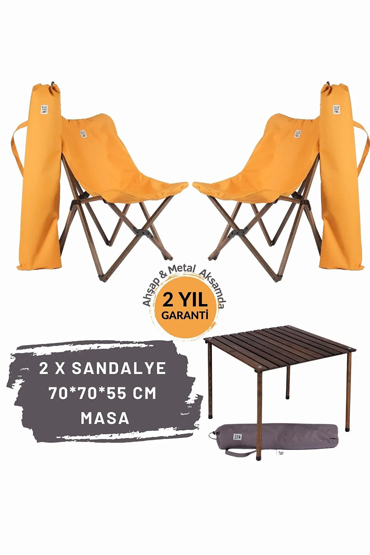 Bag The Joy Ahşap Katlanır Masa Sandalye Seti Antrasit Iskelet Hardal Kılıf -70x70x55 Masa