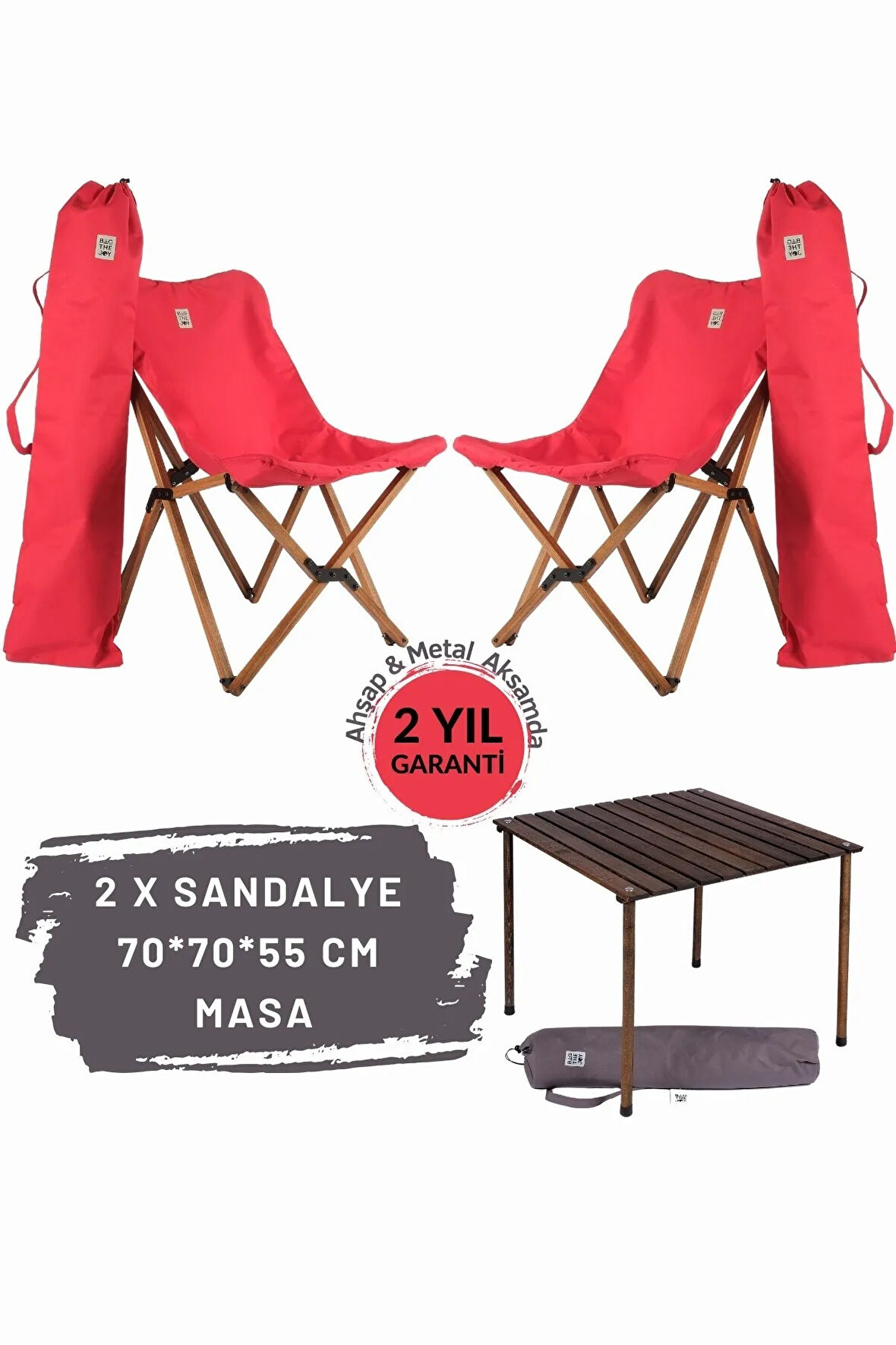 Bag The Joy Ahşap Katlanır Masa Sandalye Seti Antrasit Iskelet Kırmızı Kılıf -70x70x55 Masa
