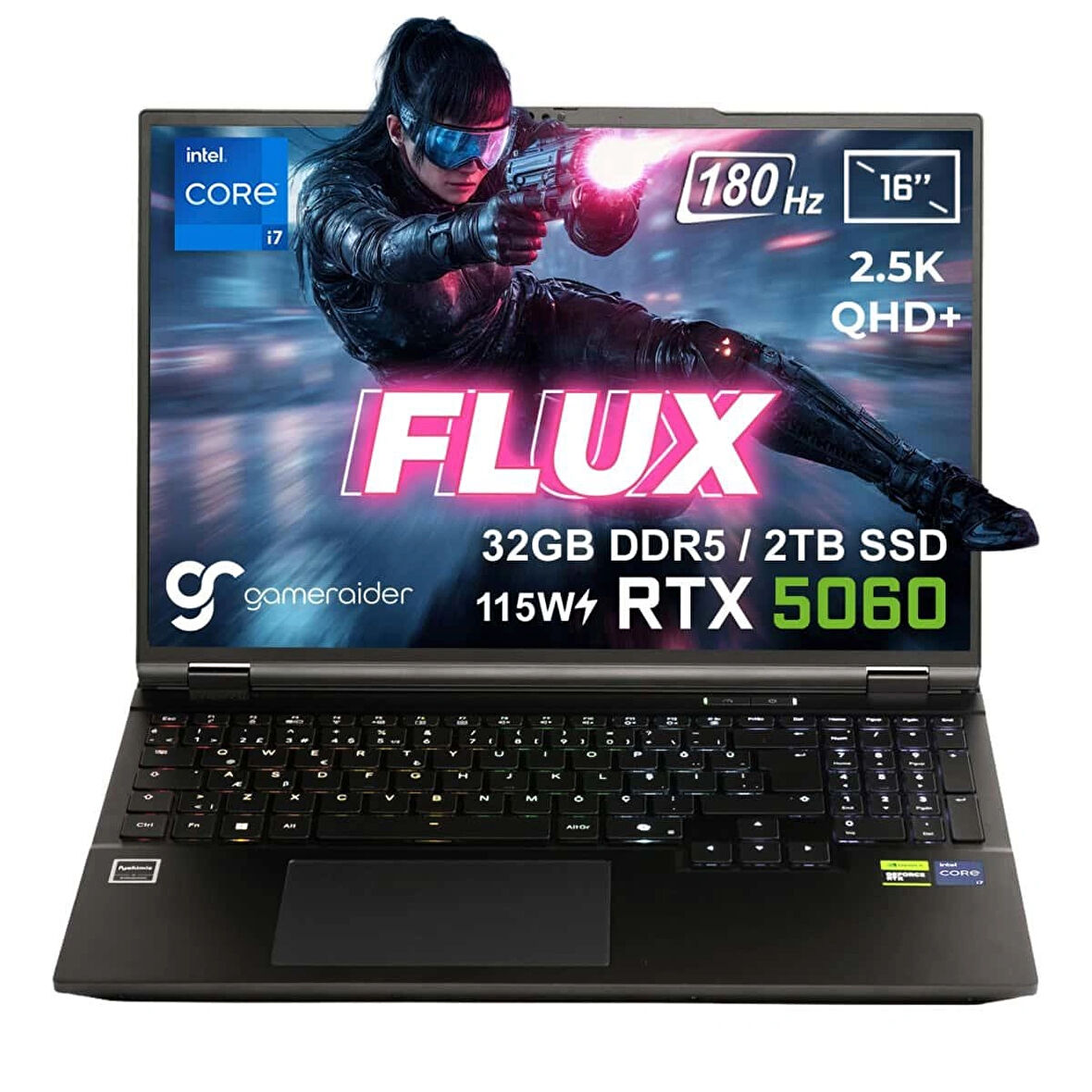GameRaider FLUX GR16 Intel Core i7-14650HX 32GB DDR5 2TB SSD RTX 5060 8GB 115W 16 inç 2.5K QHD+ 180Hz FreeDos Gaming Laptop