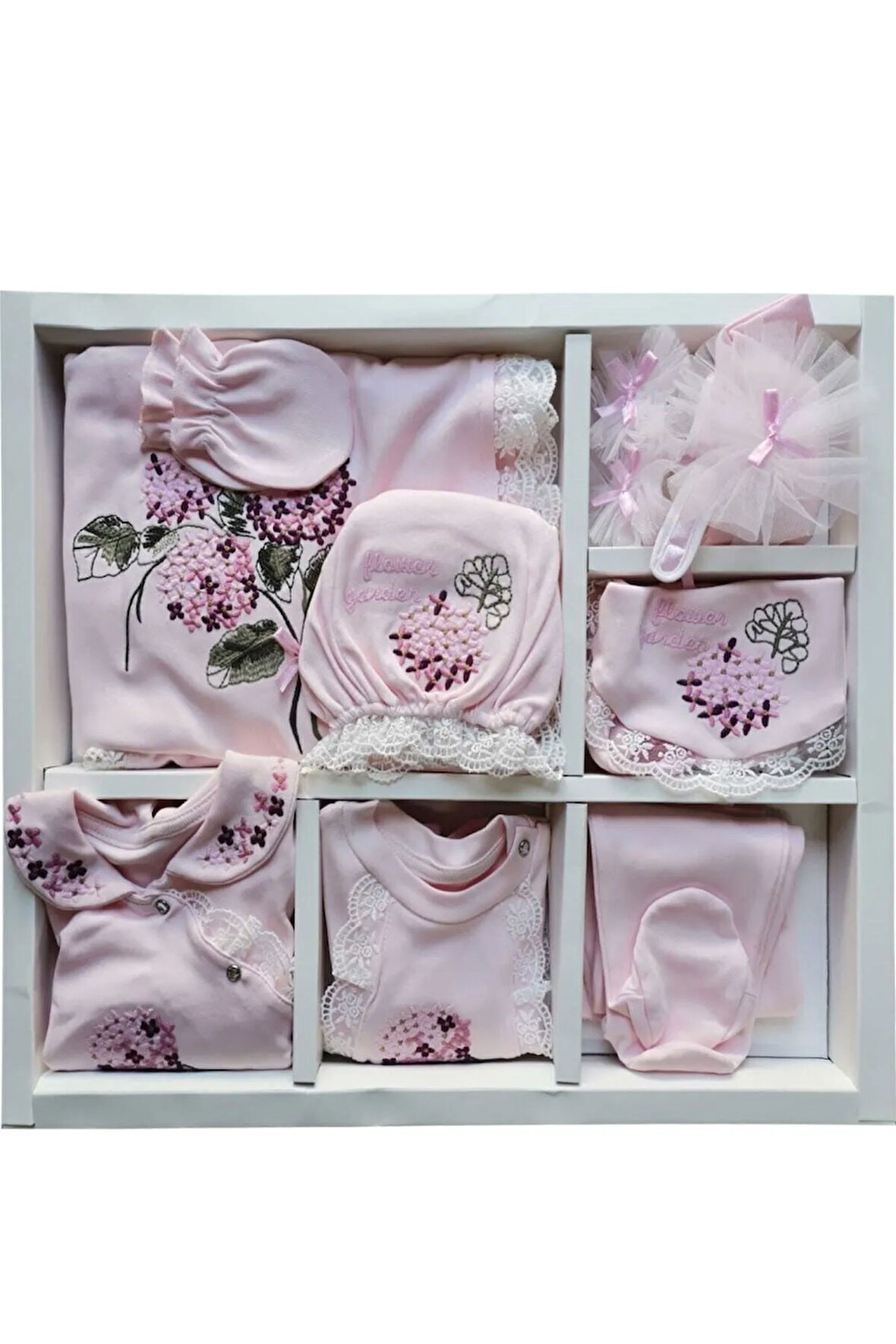 Pembe Natural Işlemeli Çiçek Desenli  Hastane Çıkış Seti 10'lu