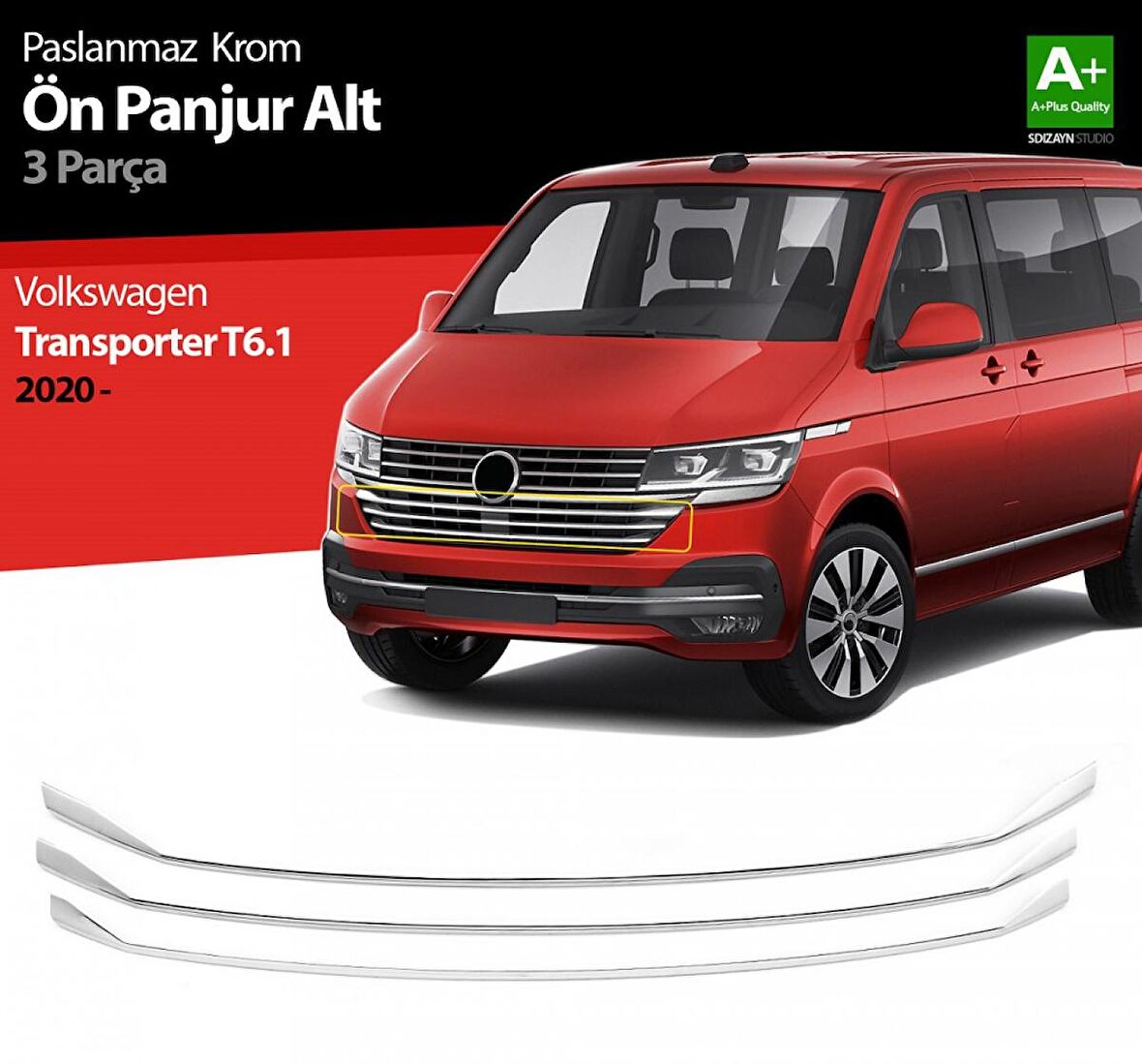 S-Dizayn VW Transporter T6.1 Krom Ön Panjur Alt Çıtası 3 Prç. 2020 Üzeri