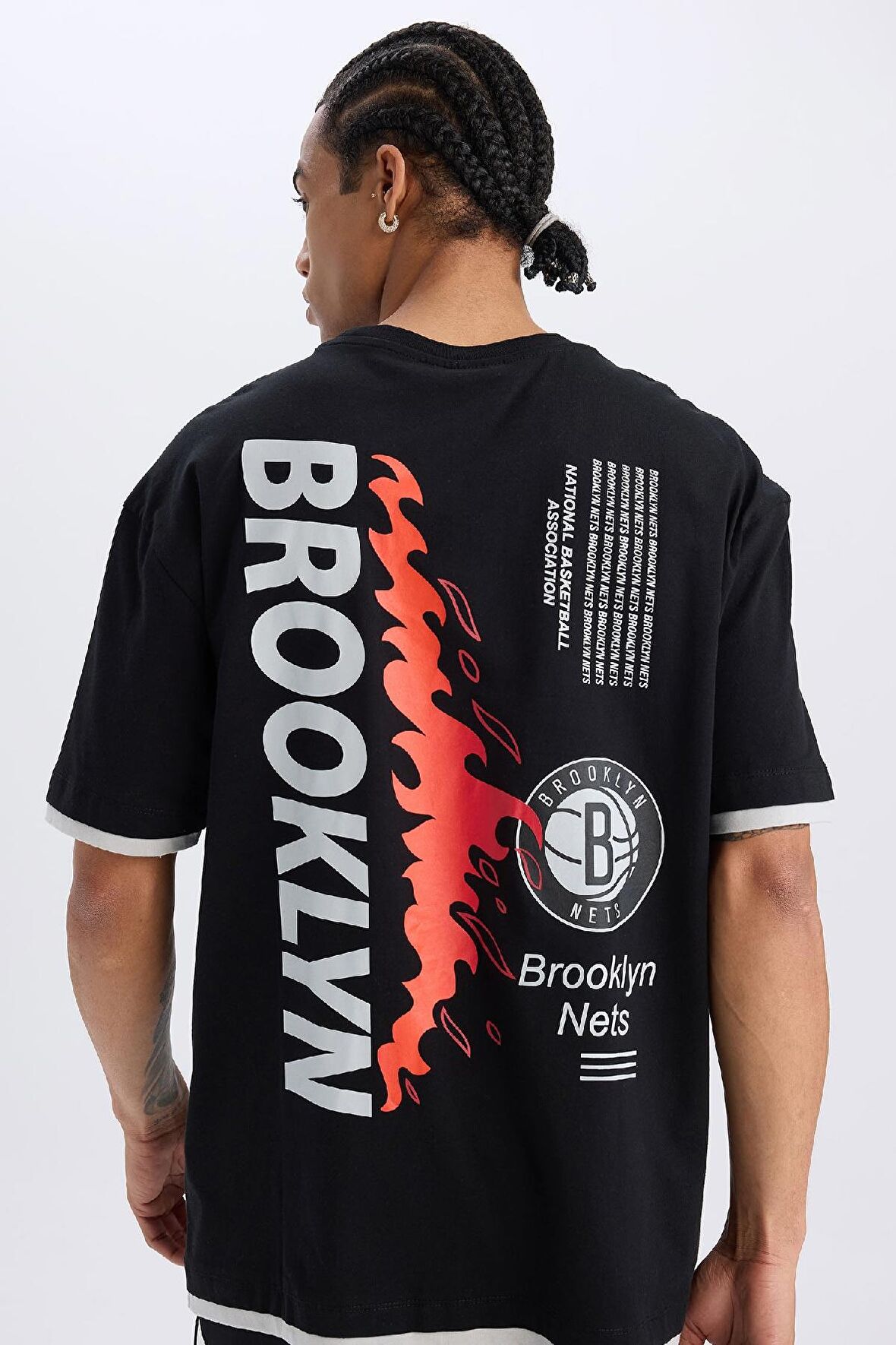 DeFactoFit NBA Brooklyn Nets Oversize Geniş Kalıp Bisiklet Yaka Sırt Baskılı Kısa Kollu Tişört D6562AX25SPBK81