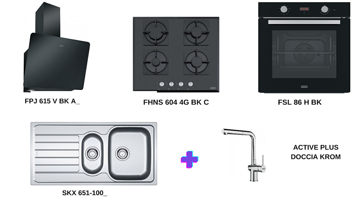 FRANKE FSL 86 H BK-FHNS 604 4G BK C-FPJ 615 V BK A 1,5 Hazne Evye Ve Armatür Dahil Ankastre Set