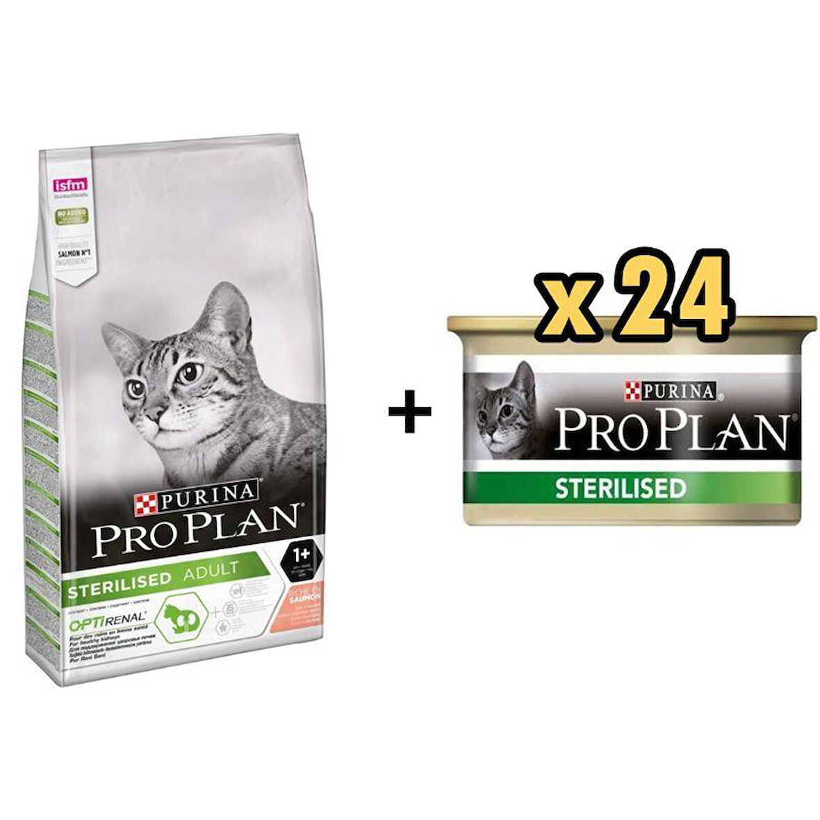 Pro Plan Sterilised Kısırlaştırılmış Somonlu Kedi Maması 10 KG + 24 Adet Proplan Sterilised Ton ve Somonlu Kısırlaştırılmış Kedi Konservesi 85 Gr 