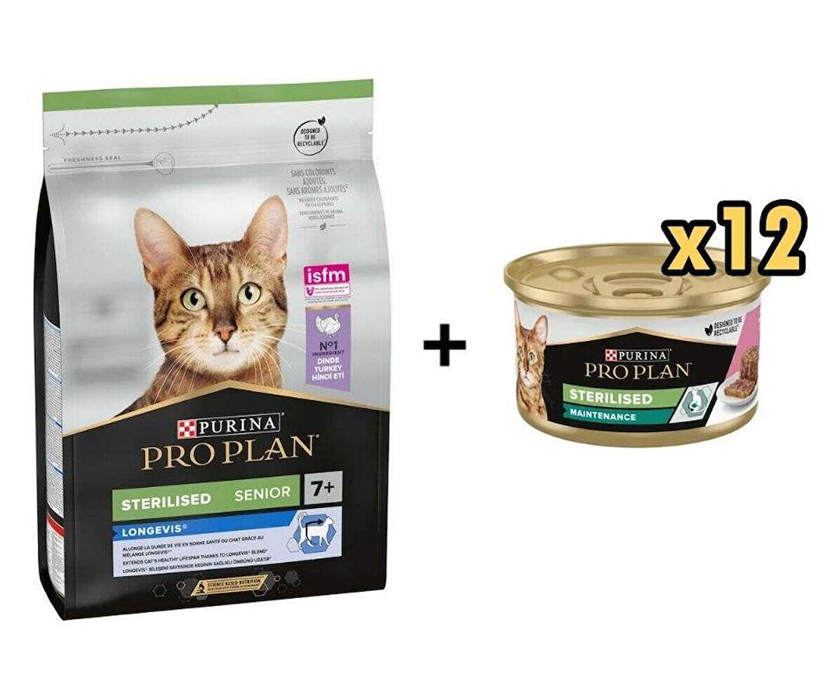 Pro Plan Hindili Kısırlaştırılmış +7 Yaşlı Kedi Maması 3 Kg + + 12 Adet Proplan Sterilised Ton ve Somonlu Kısırlaştırılmış Kedi Konservesi 85 Gr