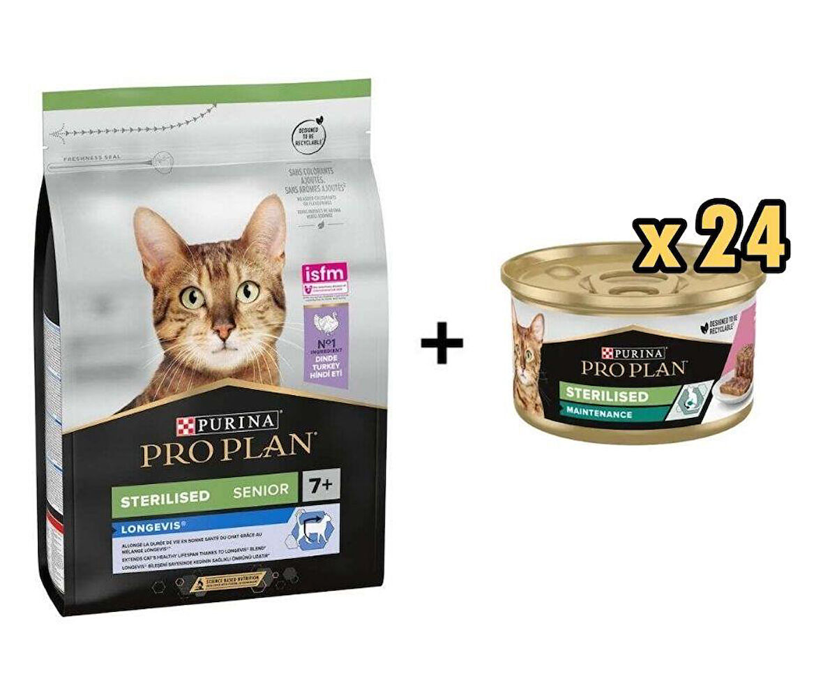 Pro Plan Hindili Kısırlaştırılmış +7 Yaşlı Kedi Maması 3 Kg + 24 Adet Proplan Sterilised Ton ve Somonlu Kısırlaştırılmış Kedi Konservesi 85 Gr