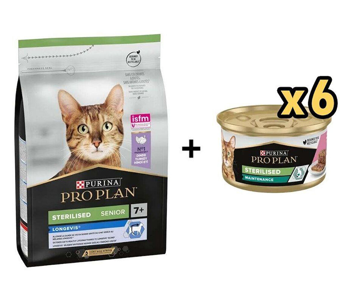 Pro Plan Hindili Kısırlaştırılmış +7 Yaşlı Kedi Maması 3 Kg + 6 Adet Proplan Sterilised Ton ve Somonlu Kısırlaştırılmış Kedi Konservesi 85 Gr