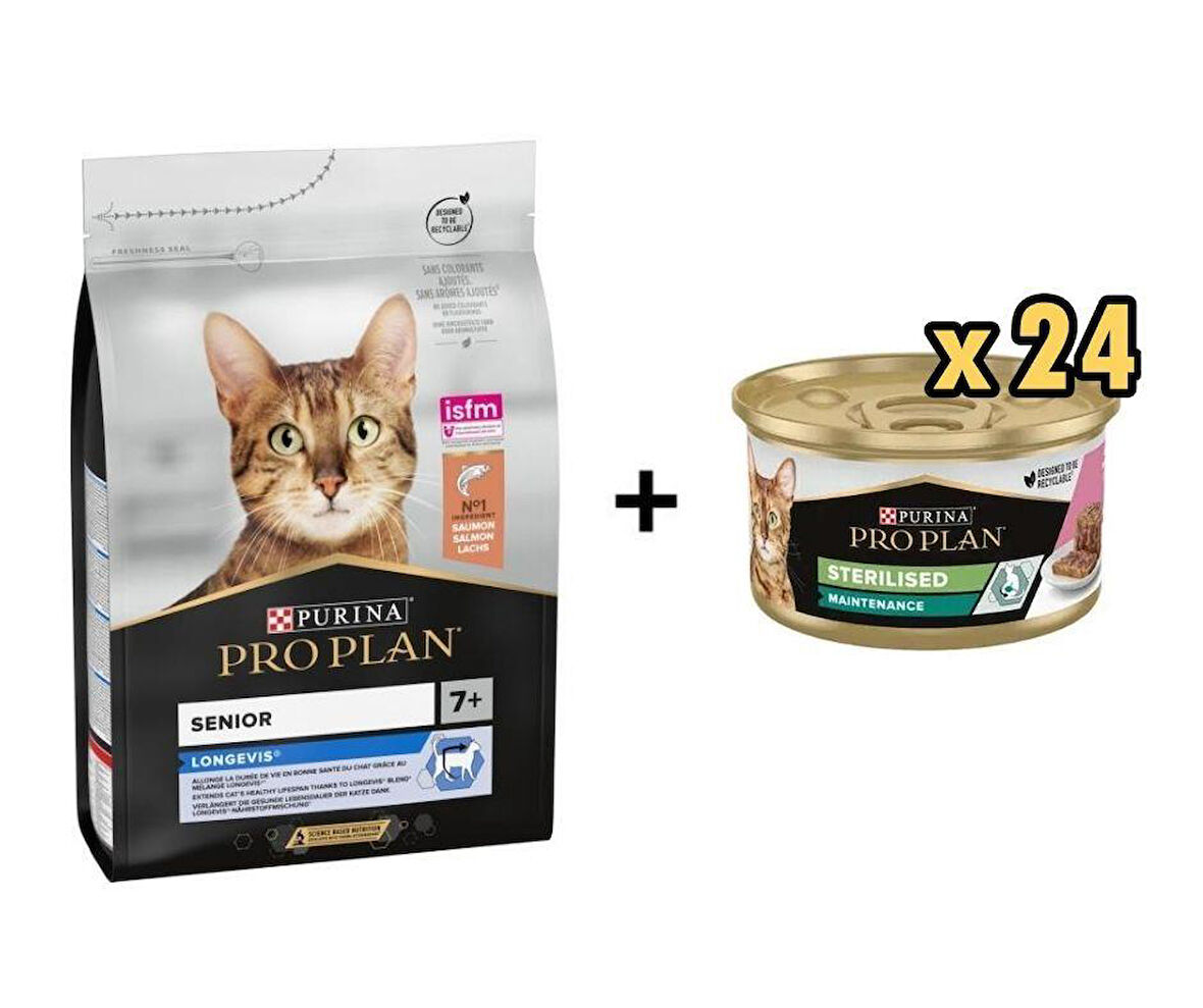 Pro Plan Senior Somonlu Yaşlı Kedi Maması 3 Kg + 6 AdetProplan Sterilised Ton ve Somonlu Kısırlaştırılmış Kedi Konservesi 85 Gr 