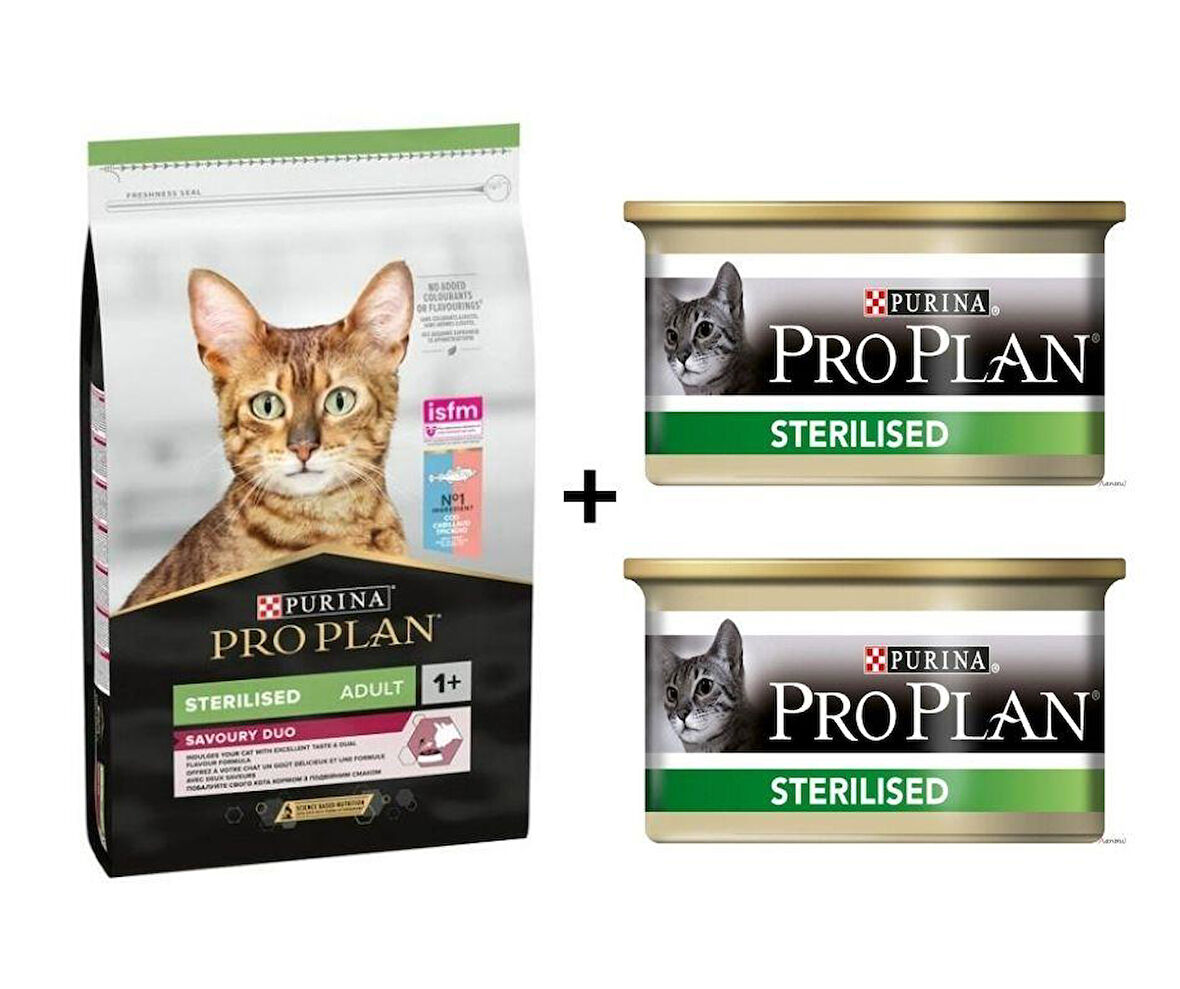Pro Plan Kısırlaştırılmış Morina ve Okyanus Balıklı Yetişkin Kuru Kedi Maması 10 KG + 2 Adet Pro Plan Somonlu Kısır Kedi Konservesi 85 Gr
