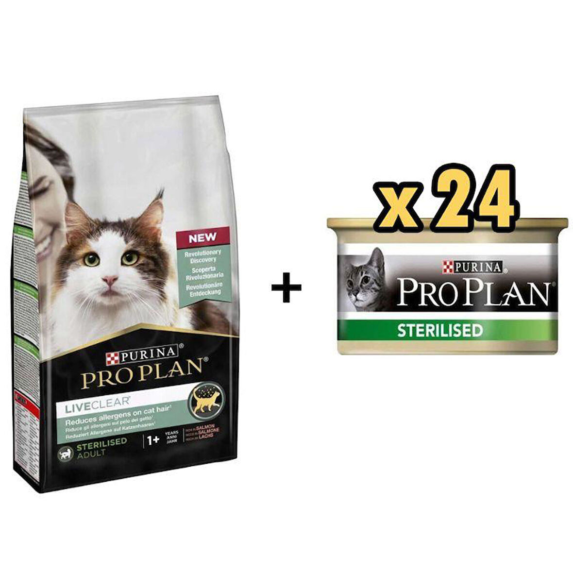 Pro Plan Live Clear Sterilised Somonlu Kısır Kedi Maması 1.4 kg + 24 Adet Proplan Sterilised Ton ve Somonlu Kısırlaştırılmış Kedi Konservesi 85 Gr 