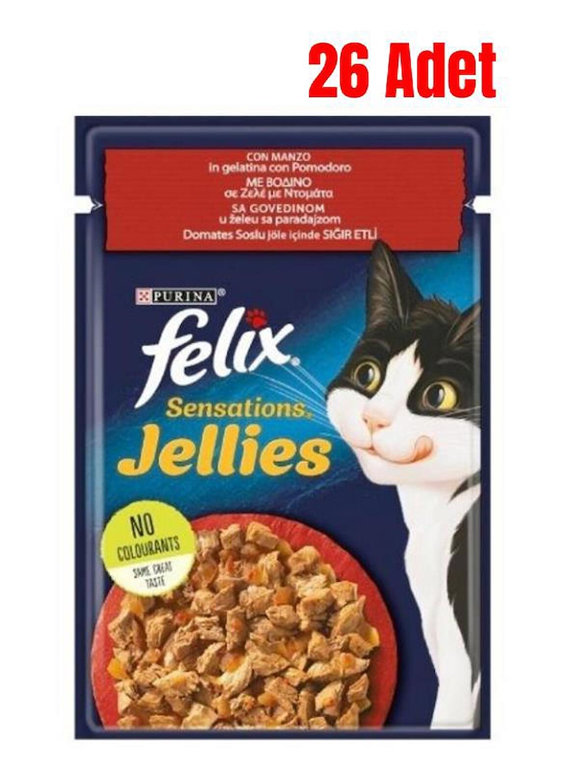 Felix Pouch Jöle İçinde Sığır Etli ve Domatesli Yetişkin Kedi Yaş Mama 85 gr x 26