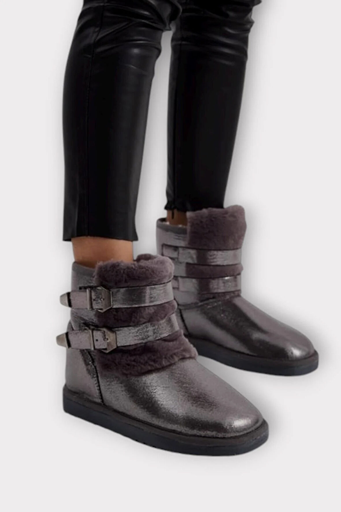 İçi Kürklü Çift Kemerli Kadın Bot PLATİN