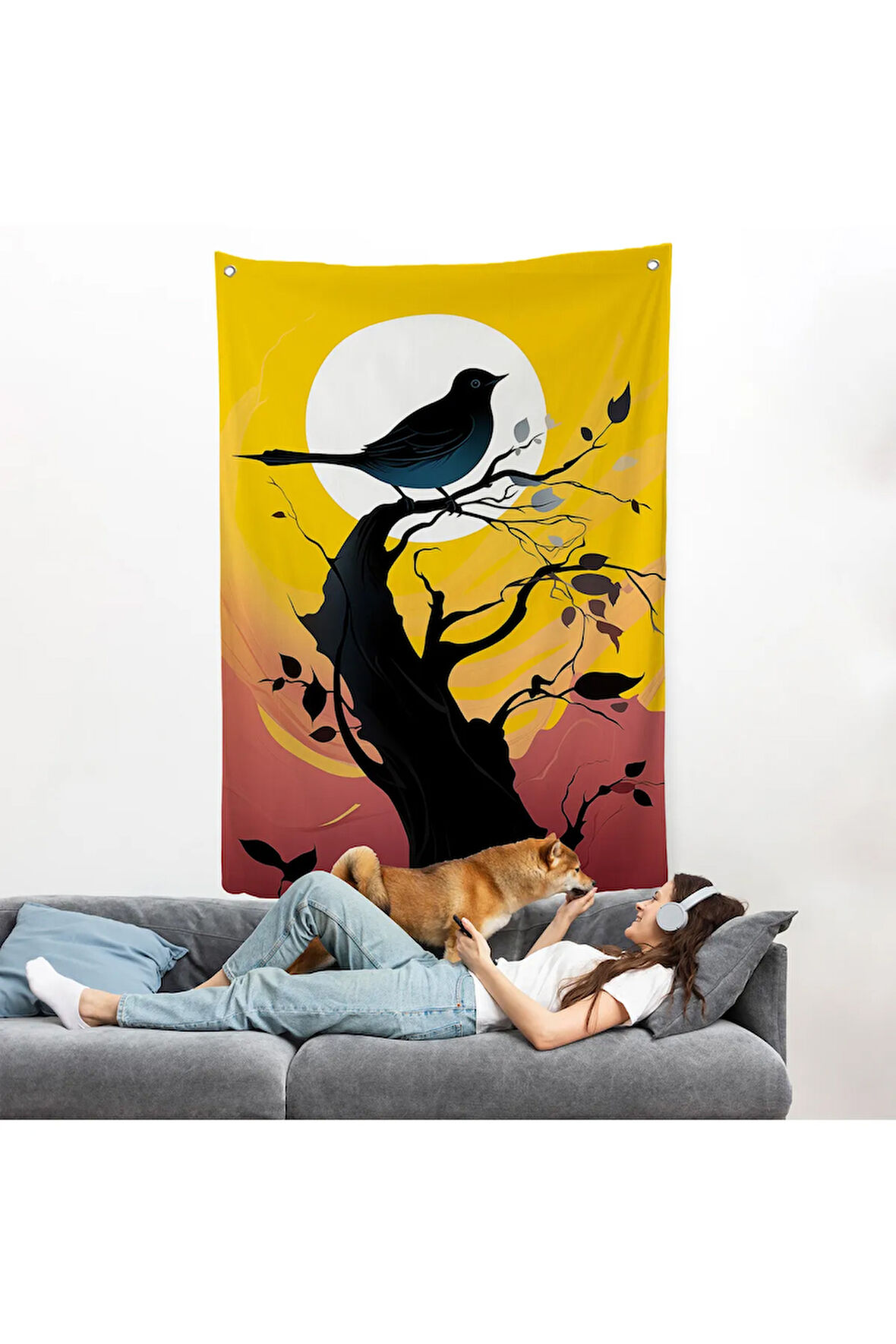 Ağaç Üstündeki Soyut Kuş Duvar Örtüsü-7614