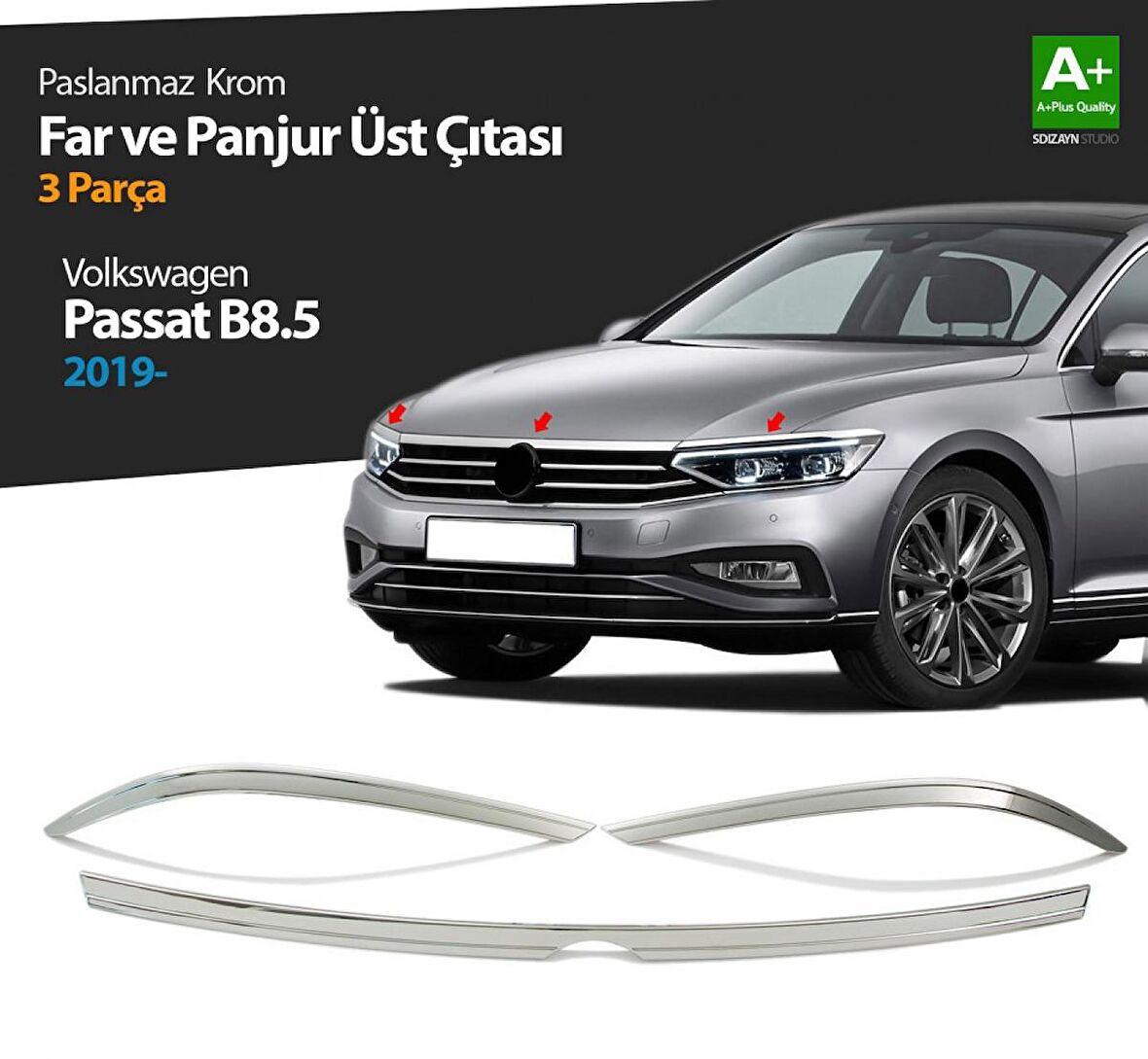 Paspasgarajı VW Passat B8.5 Krom Far Üzeri Çıta Seti 3 Parça 2019 ve Üzeri