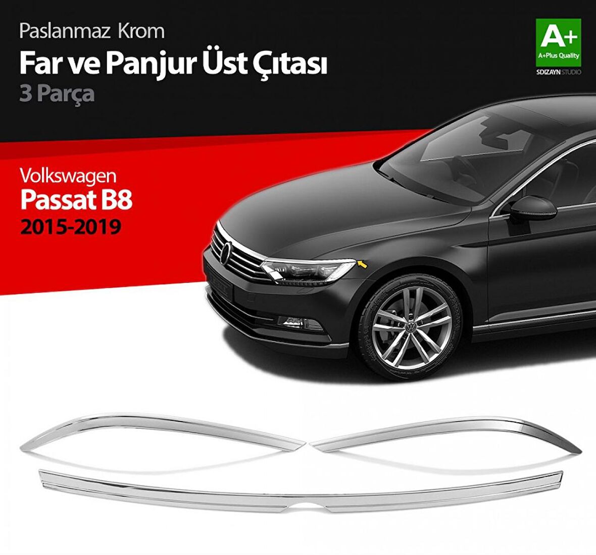 S-Dizayn VW Passat B8 Krom Far Üzeri Çıta Seti 3 Parça 2015 Üzeri S-Dizayn