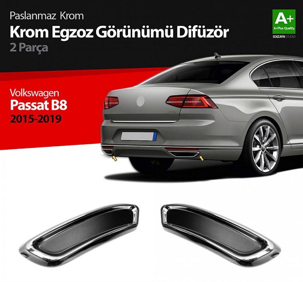 S-Dizayn VW Passat B8 Krom Egzoz Görünümü Difüzör R Line Still 2 Parça S Dizayn 2015-2019