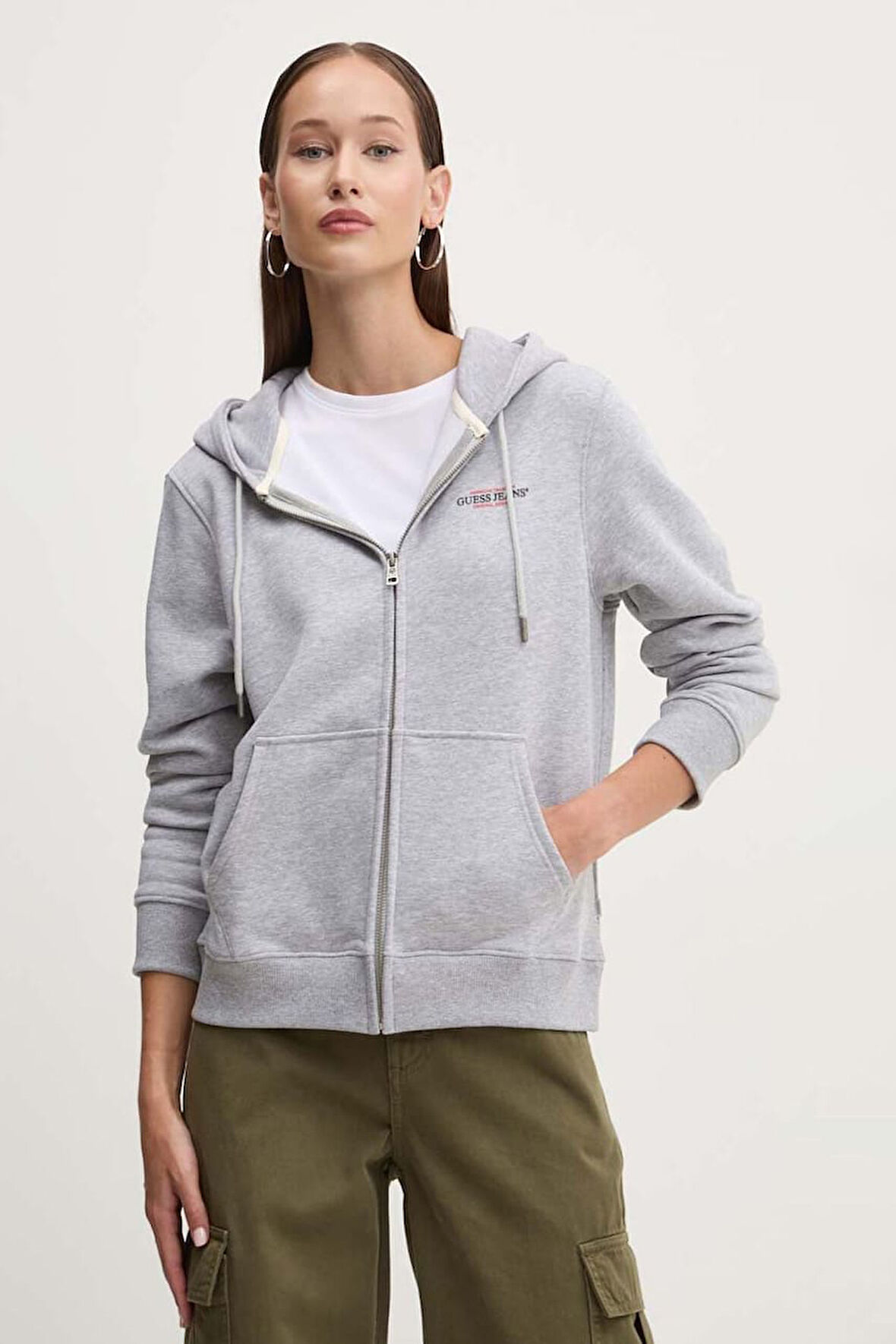 Kadın GJ Fermuarlı Kapüşonlu Sweatshirt - Gri Melanj | M