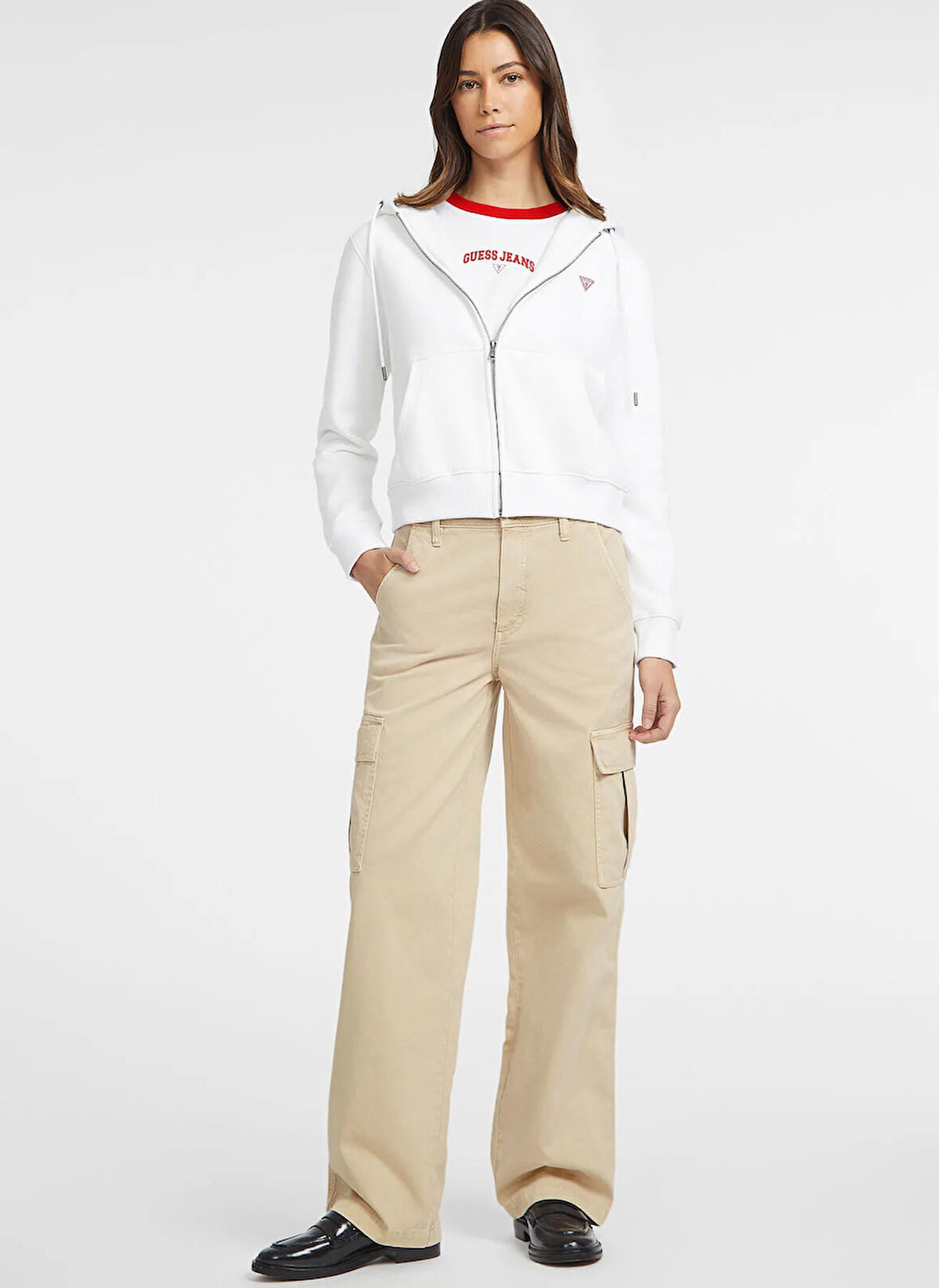 Guess Jeans Kapüşon Yaka Baskılı Beyaz Kadın Sweatshırt Guess Jeans Kadın Sweat