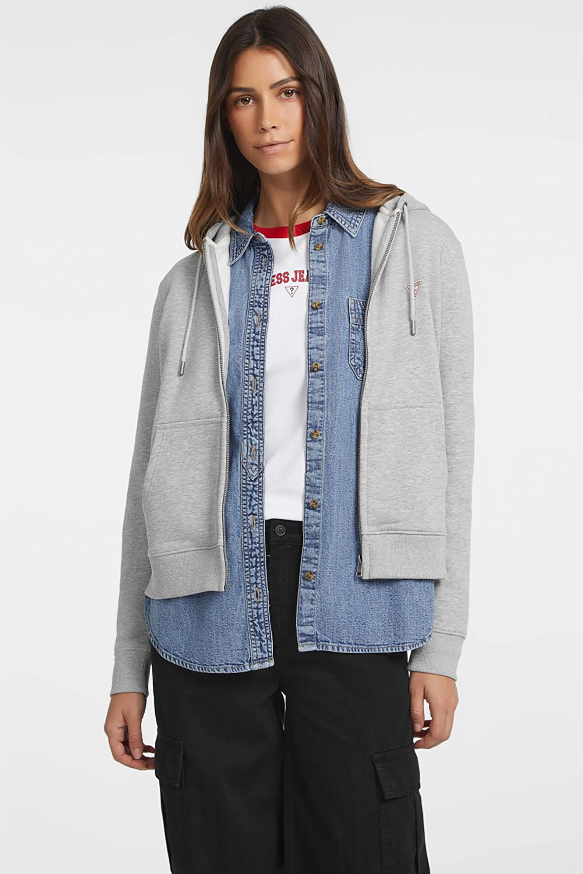Kadın GJ Mini Yama Fermuarlı Sweatshirt - Gri | XS