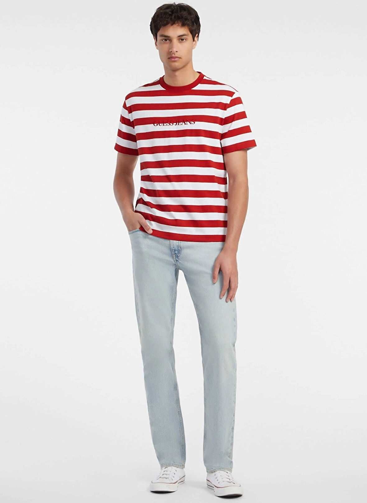 Guess Jeans Bisiklet Yaka Kırmızı Erkek T-Shirt M4YI84K9XF1S0P2 GJ SS CN REG STRIPE