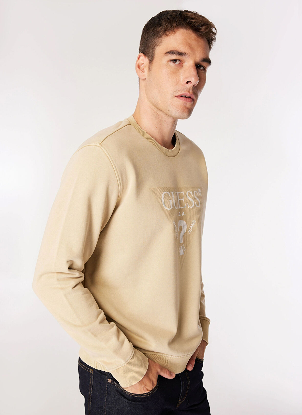Guess Bej Erkek Sweatshırt M4YQ07KBY51G036 TREATED TRIANGLE CN