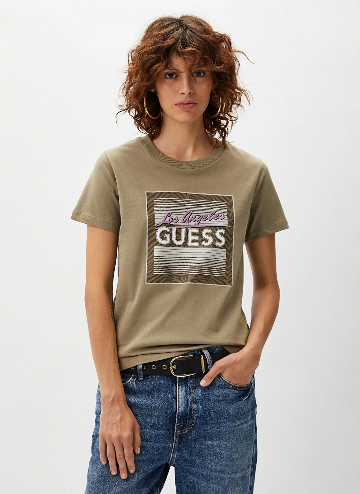 Guess Bisiklet Yaka Desenli Haki Kadın T-Shirt SS CN BOXY LOGO TEE - MID ORGANIC S