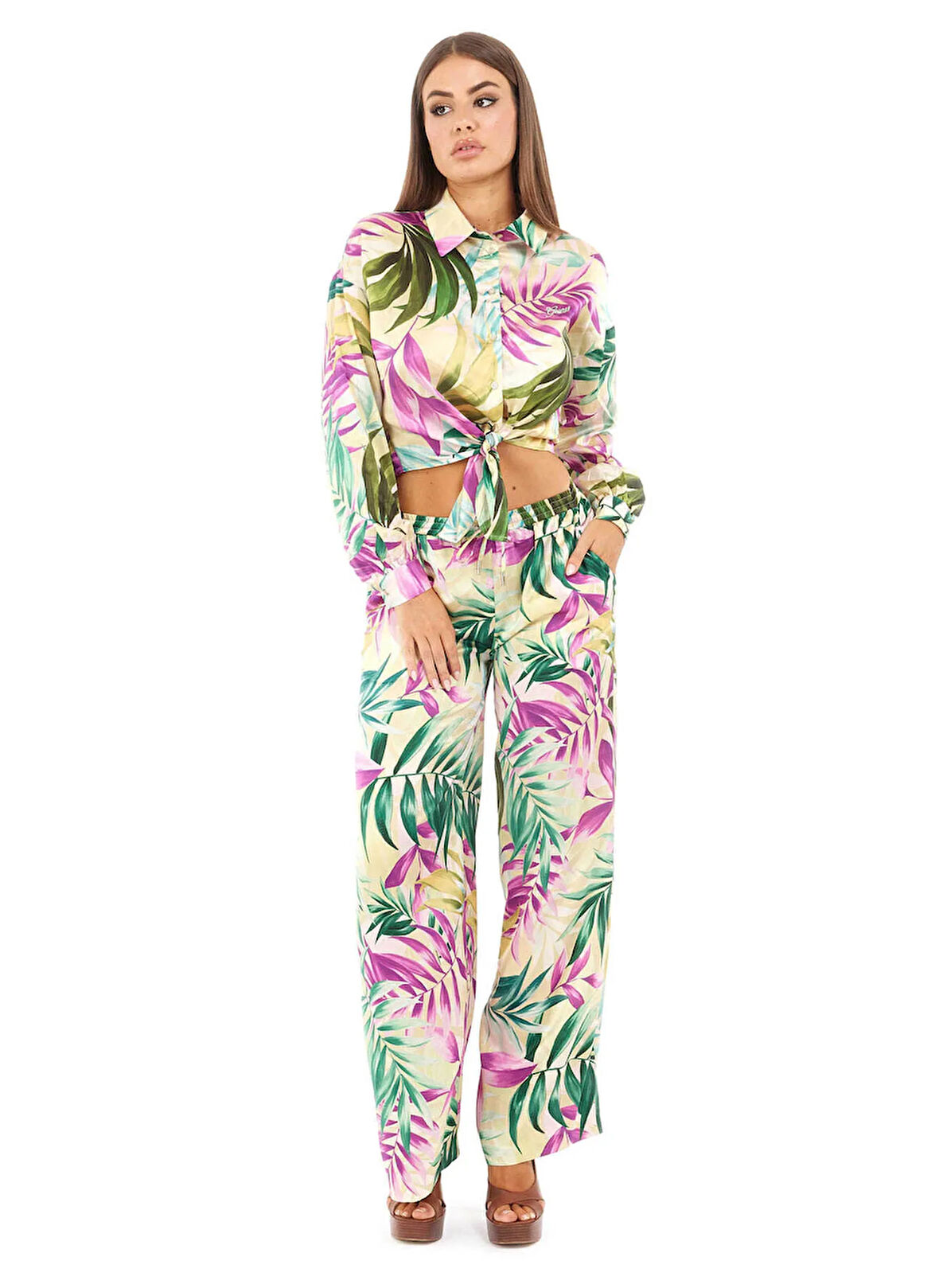 Guess Regular Fit Düz Çok Renkli Kadın Gömlek NEW LS BOWED JUN SHI - RECY POLY BR