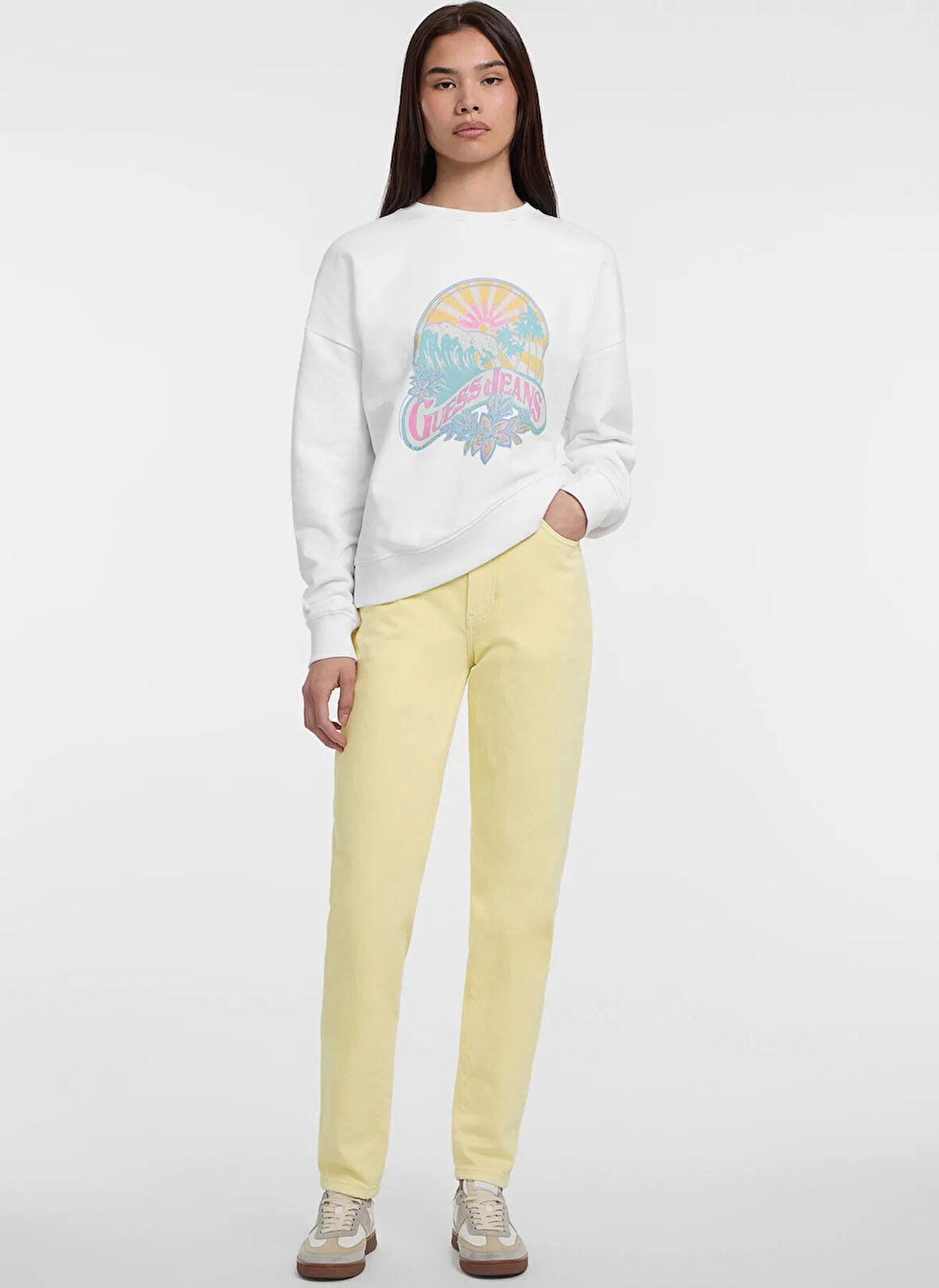 Guess Jeans Baskılı Beyaz Kadın Sweatshırt GJ CN OS SUNSET PRIN - MID ORGANIC