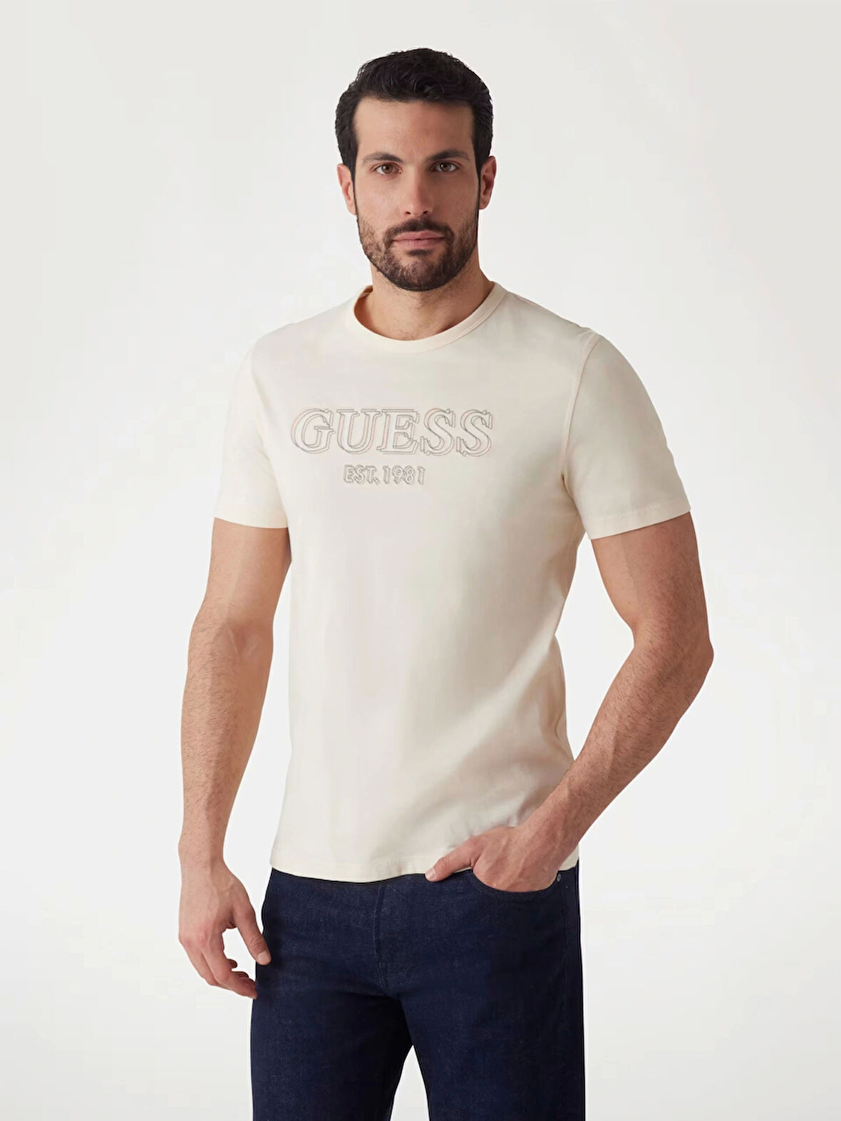 Guess Erkek Beyaz Guess Logolu Tişört