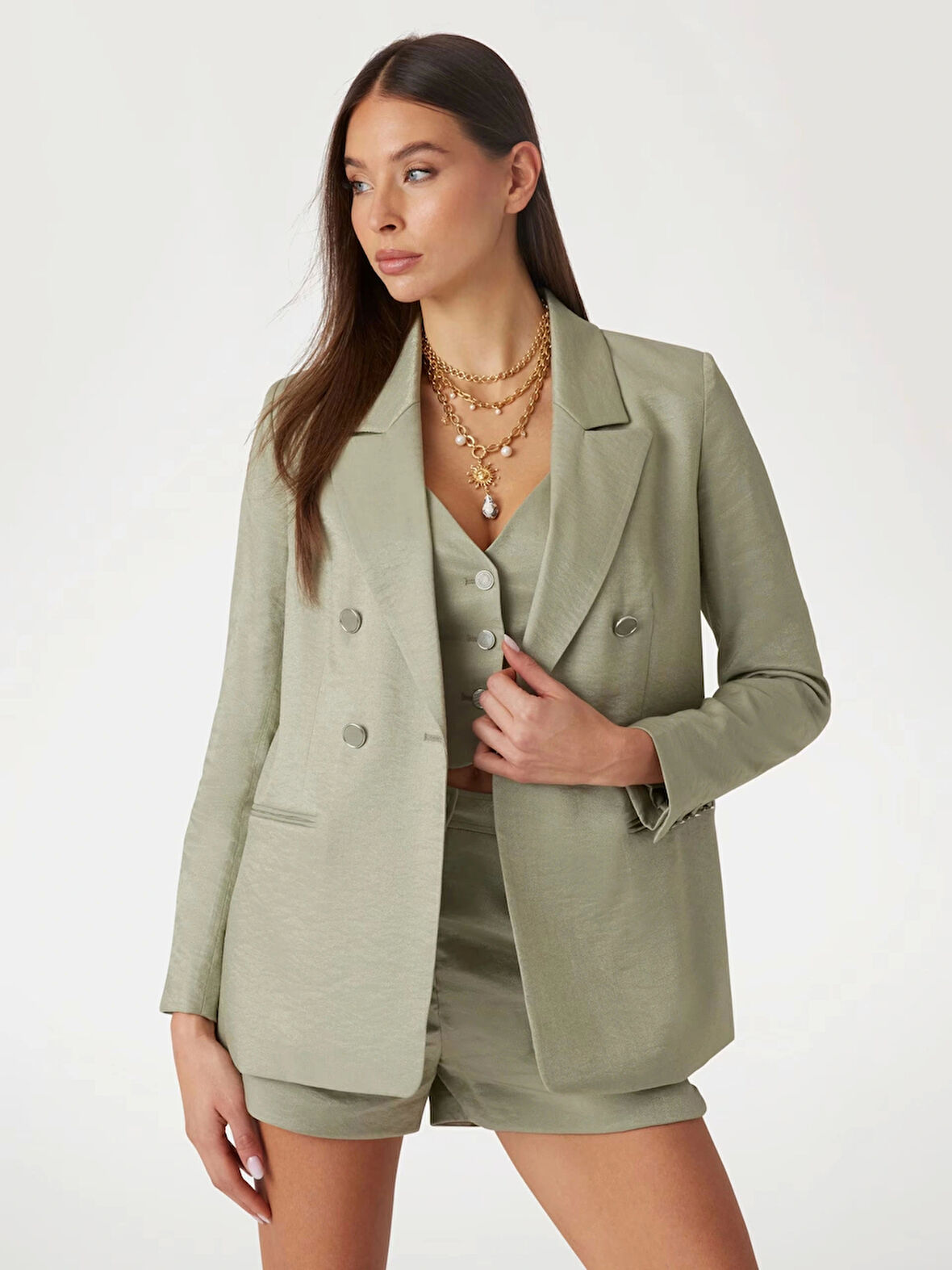 Guess Kadın  Yeşil Kruvaze Blazer Ceket