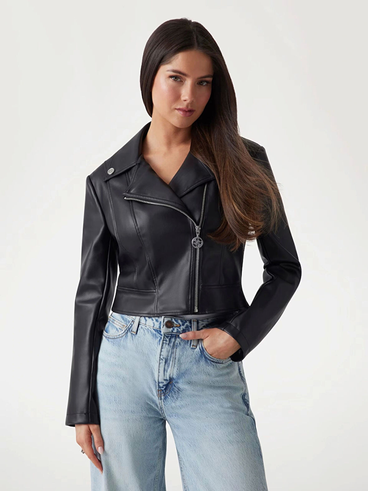 Guess Kadın Siyah Suni deri biker ceket