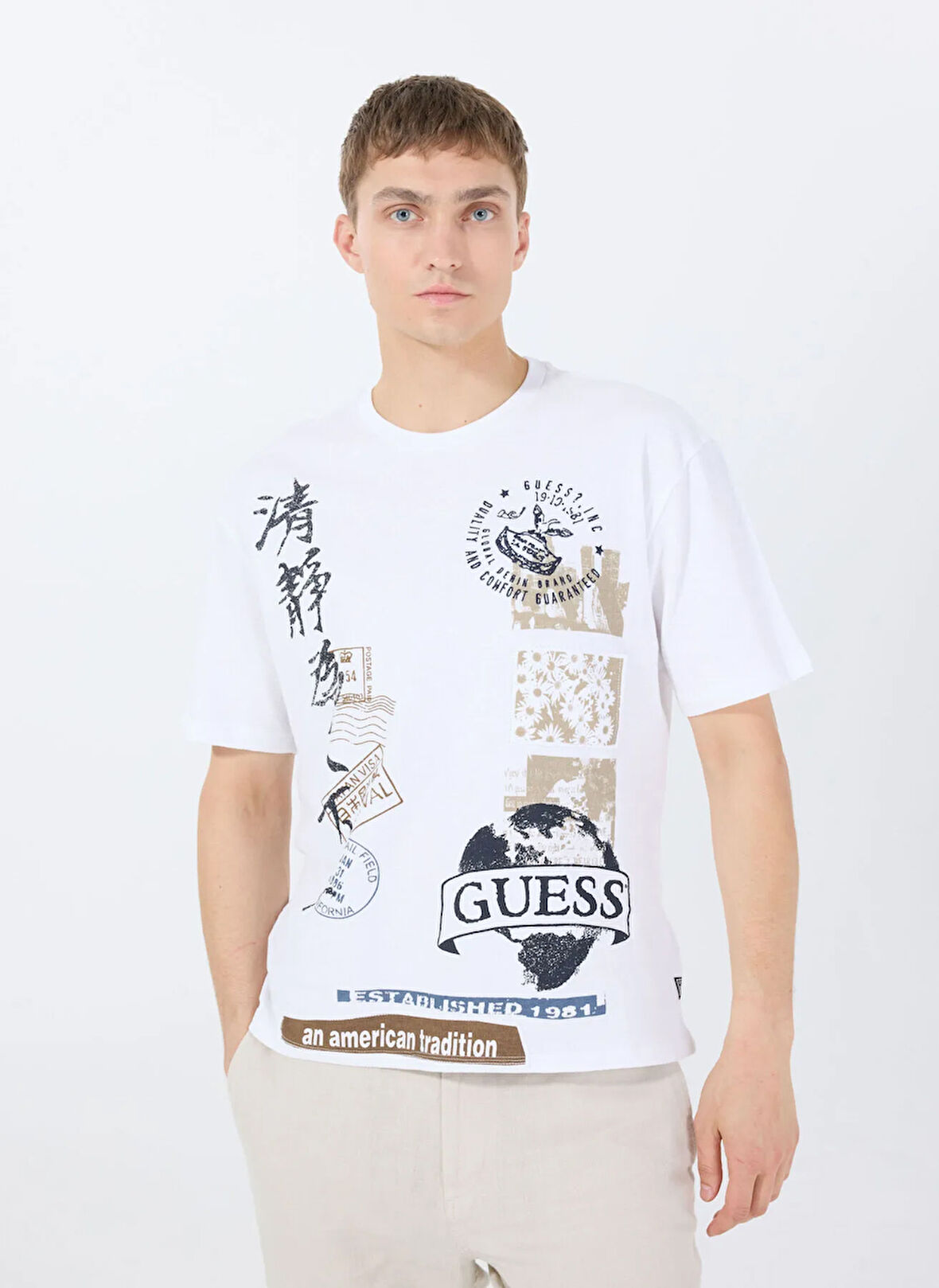 Guess Bisiklet Yaka Desenli Beyaz Erkek T-Shirt M5GI26KCH21G011 SS BSC AUTHENTIC