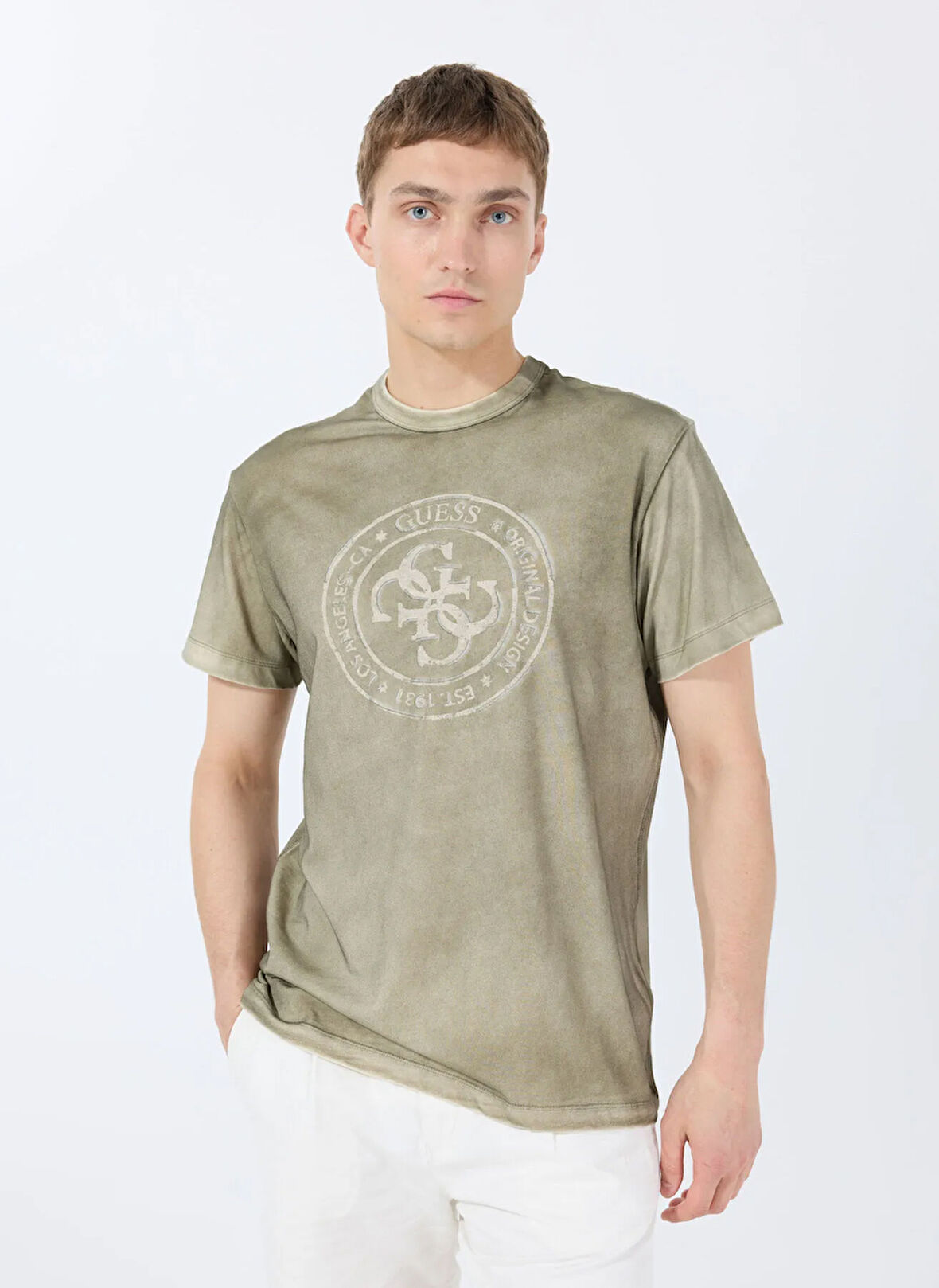 Guess Bisiklet Yaka Desenli Yeşil Erkek T-Shirt M5GI12K8FQ4G896 SS CN SPRAY CRACK
