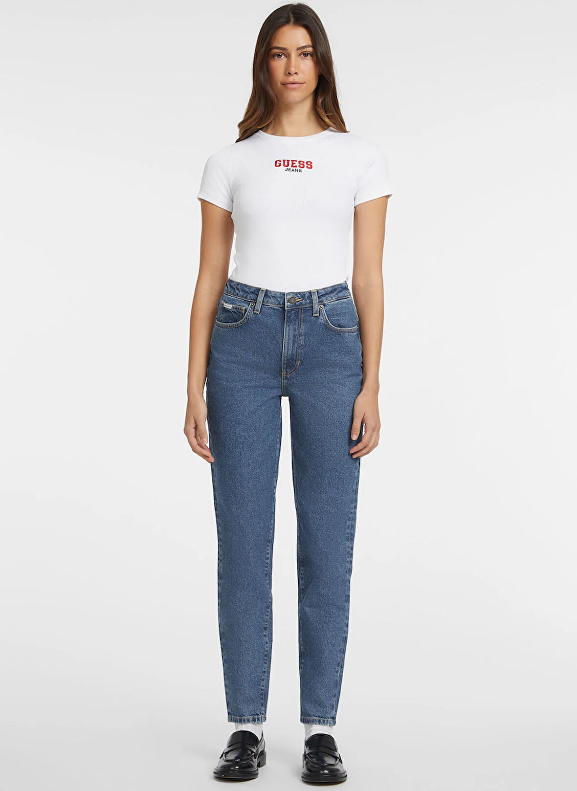 Guess Jeans Yüksek Bel Düz Paça Relaxed Mavi Kadın Denim Pantolon Guess Jeans Kadın Relaxed Fit Jean
