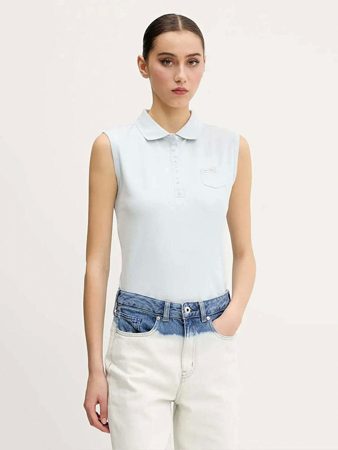 Guess Jeans GJ SLEEVELESS COLLAR SLIM PKT Kadın Mavi T-shirt W5GP24KCYR1-G7O7