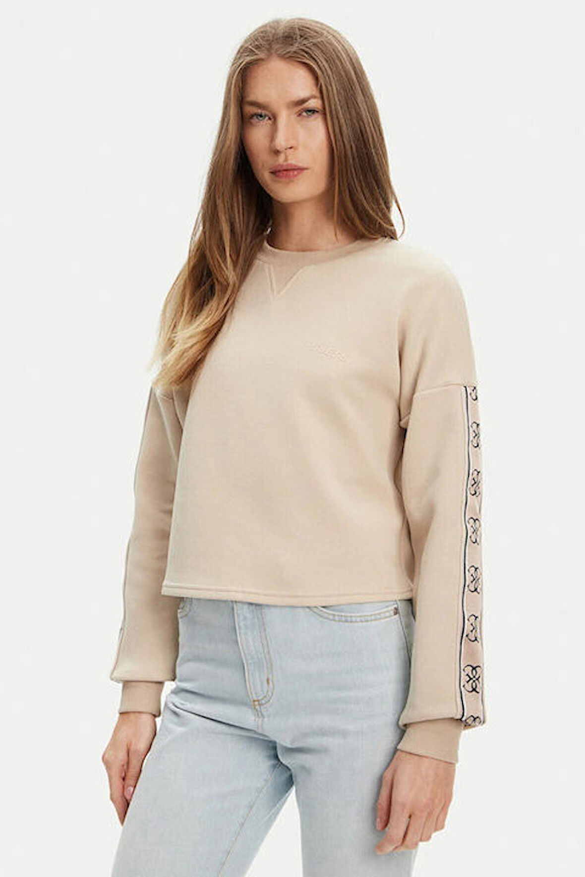 Kadın Cymone Kolu Şeritli Cropped Sweatshirt - Bej | S