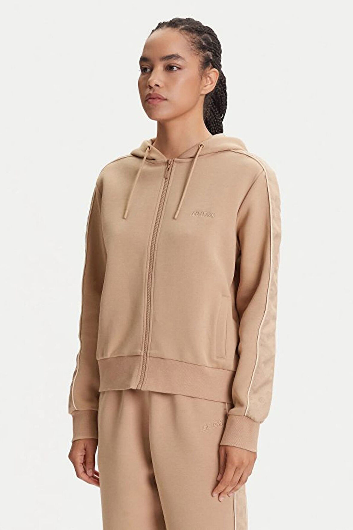 Kadın Maryella Kapüşonlu Kolu Şeritli Sweatshirt - Bej | L