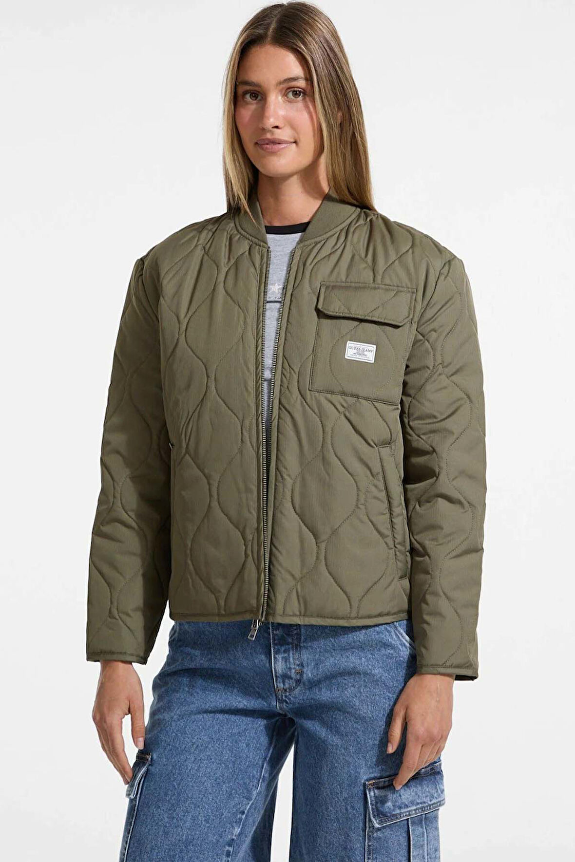 Kadın Mont Quilted Cepli Fermuarlı - Haki | M