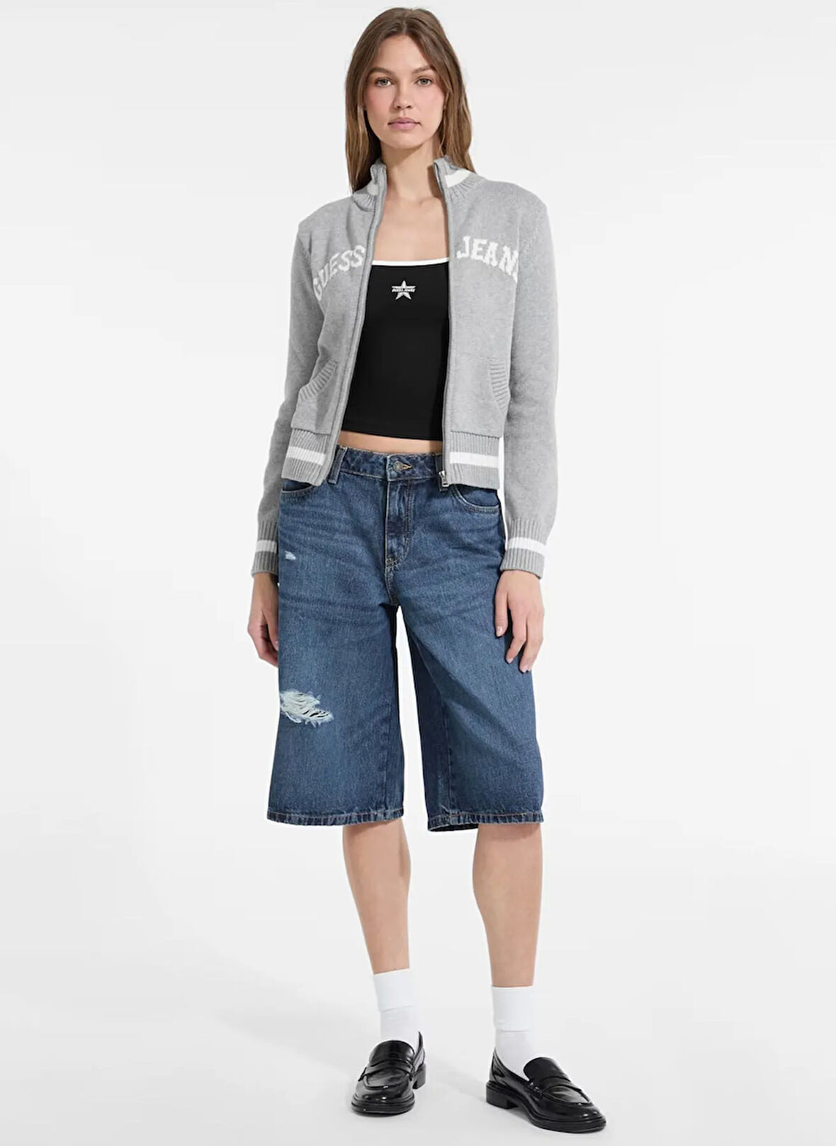 Guess Jeans Yarım balıkçı Yaka Standart İşlemeli Gri Kazak Kadın Guess Jeans Kadın Triko