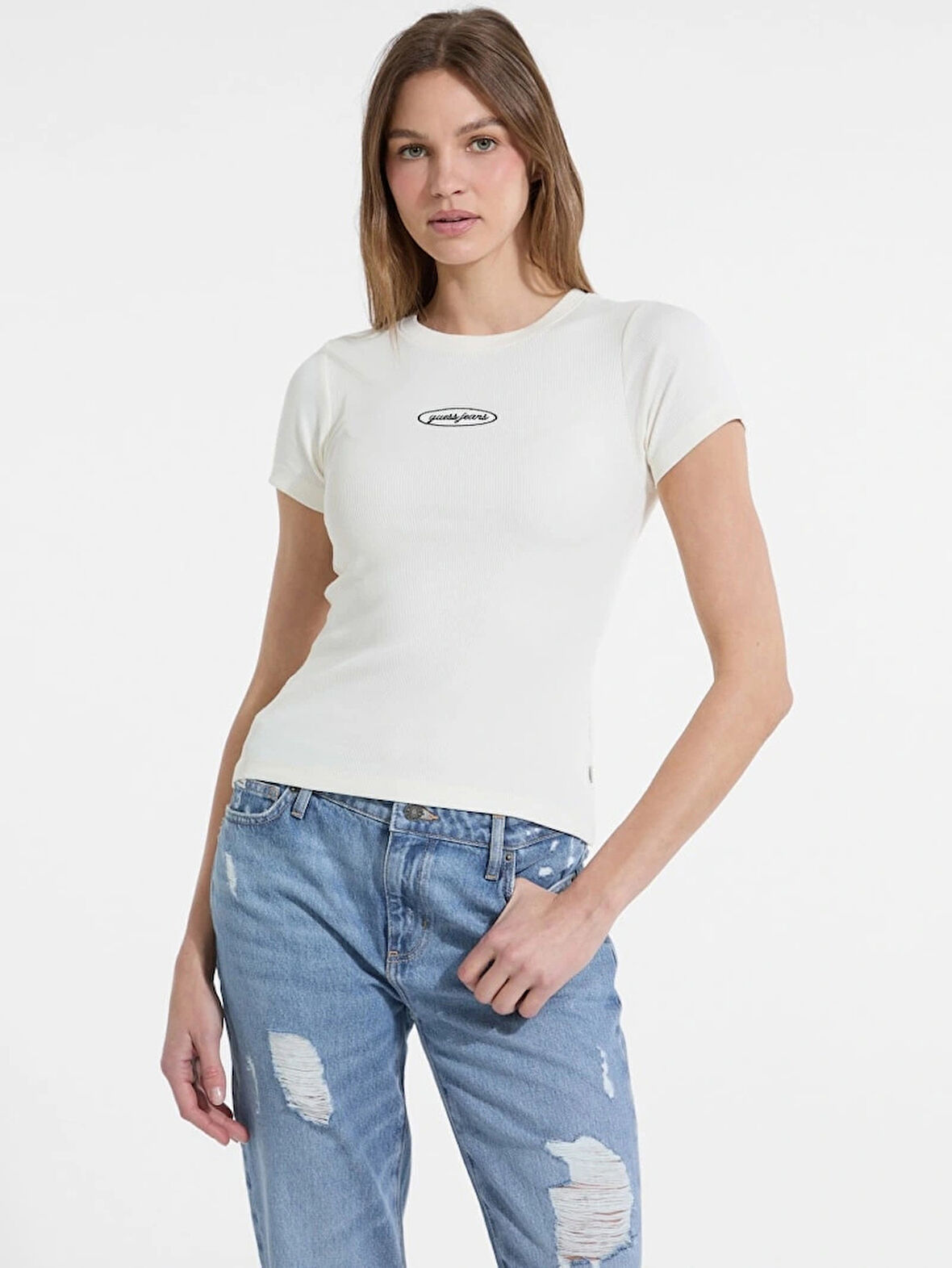 Guess Kadın Krem Rengi Slim Fit Logolu T-shirt W5YP37KA0H1-G053