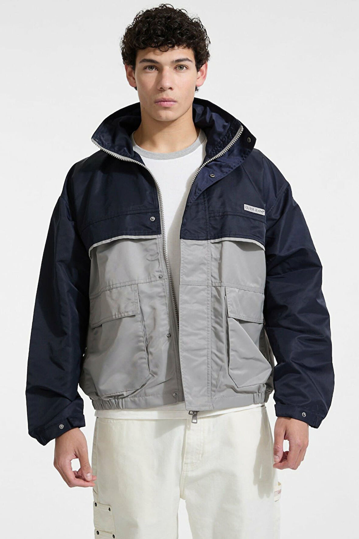 Erkek GJe Kapüşonlu Renk Bloklu Rüzgarlık - Lacivert/Gri | M