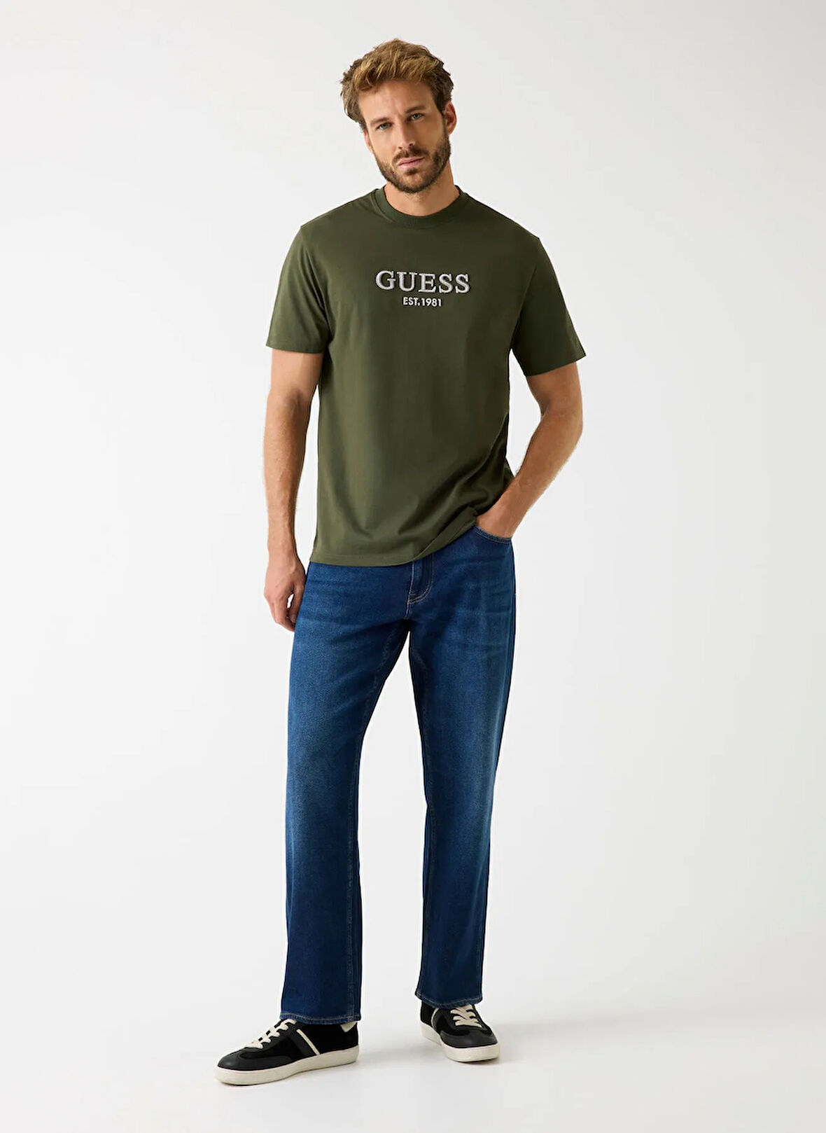 Guess Bisiklet Yaka Baskılı Haki Erkek T-Shirt M5BI09K8FQ4-A81U Embroidery Erkek R