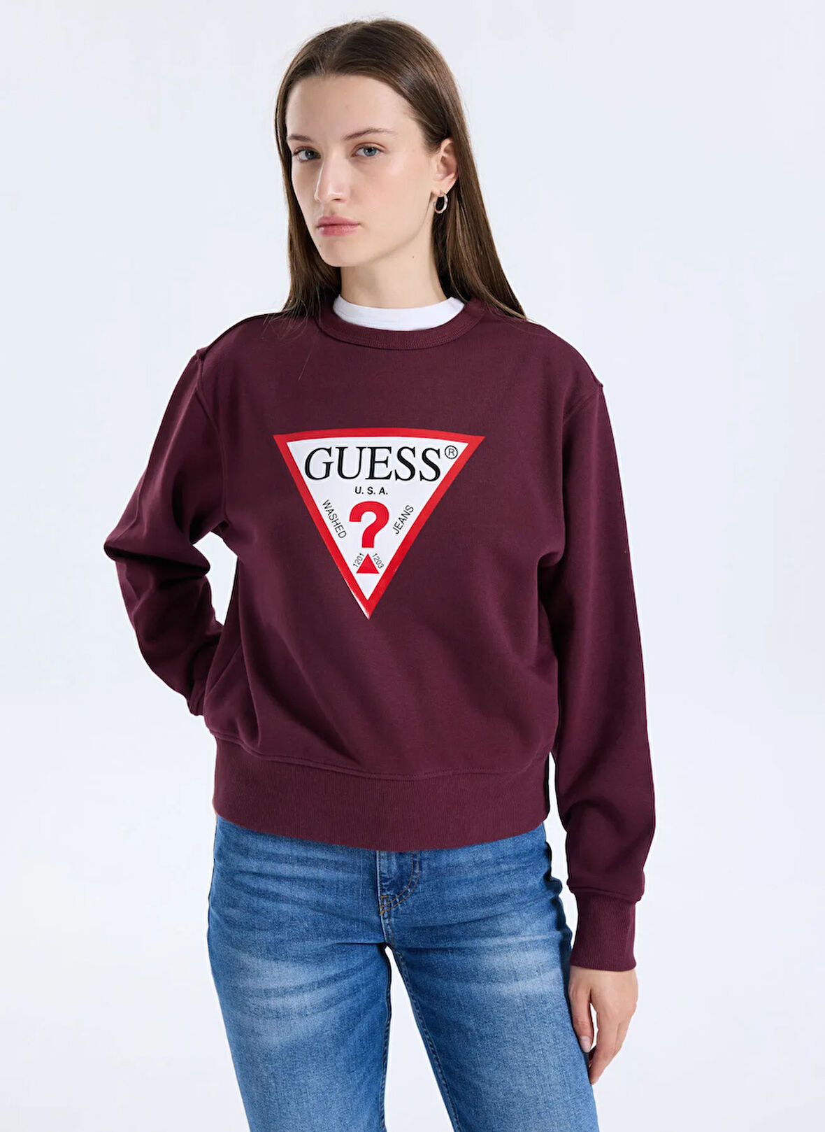 Guess Yuvarlak Yaka Baskılı Kırmızı Kadın Sweatshırt Original Fleece Kadın Sweatshirt