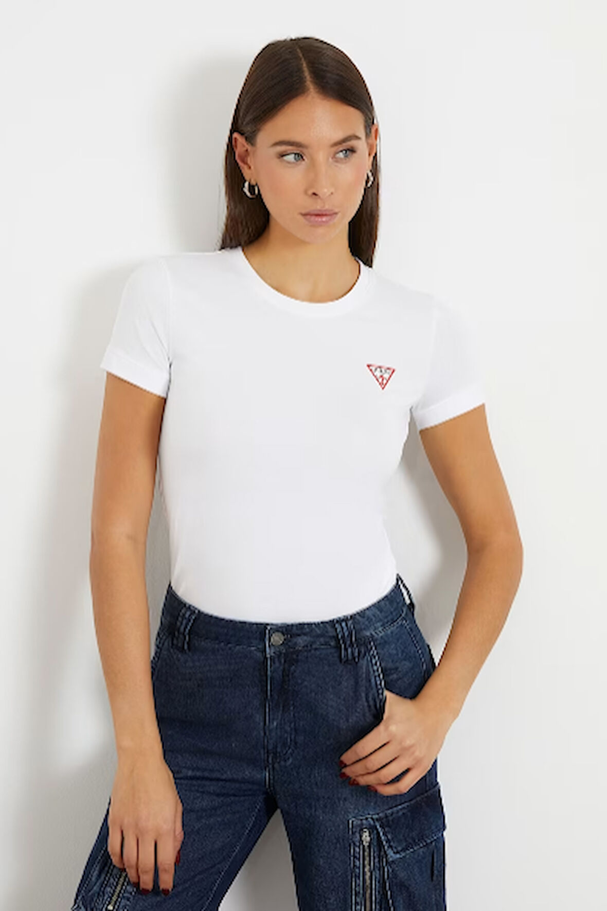 Kadın Guess Üçgen Logolu T-Shirt / Beyaz | XL