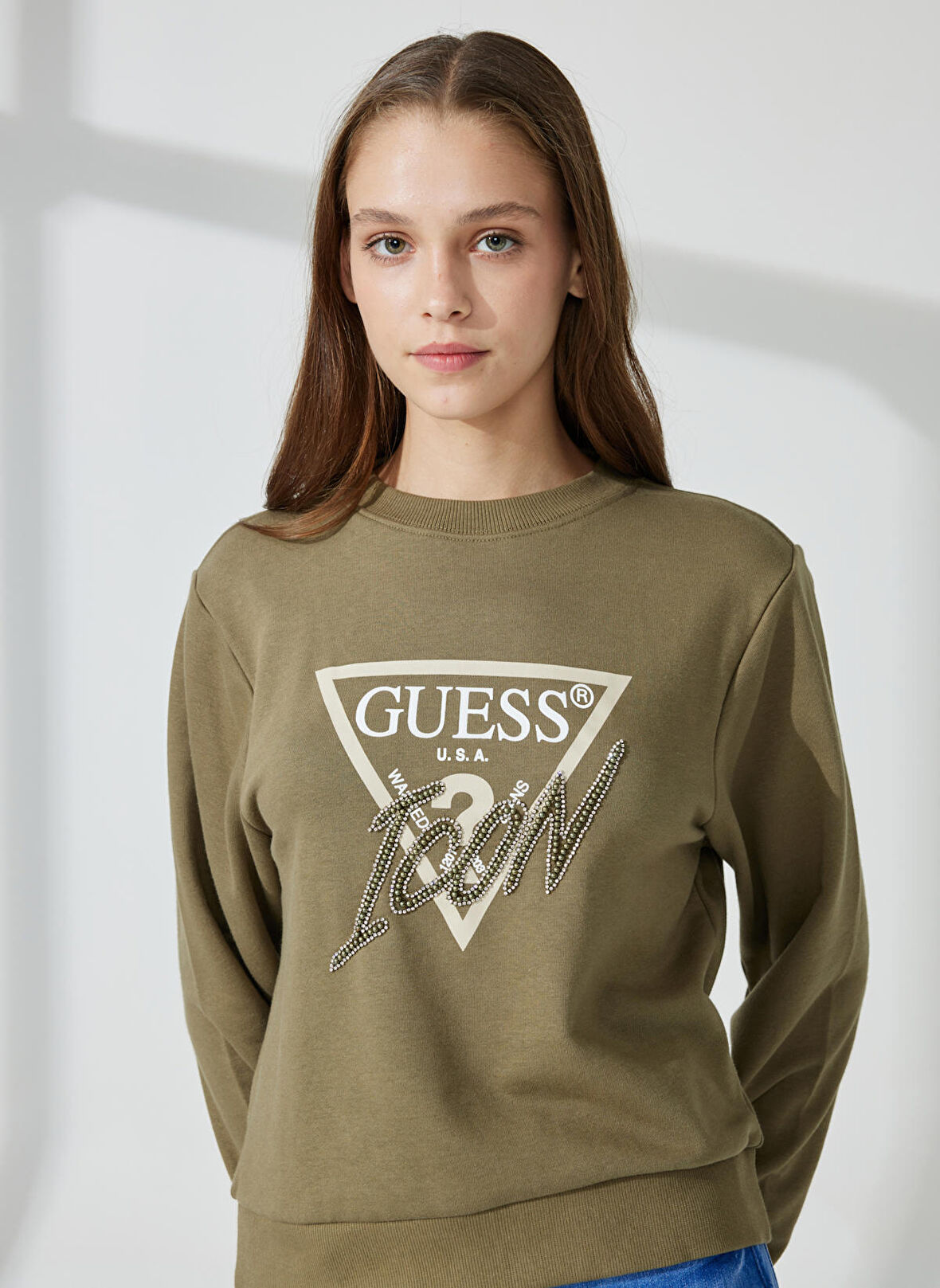 Guess Bisiklet Yaka Yeşil Kadın Sweatshırt W3YQ01KB683G8K2