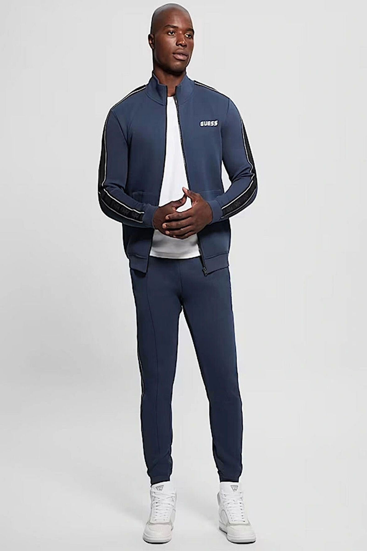 Guess Erkek Mavi Logolu Fermuarlı Sweatshirt